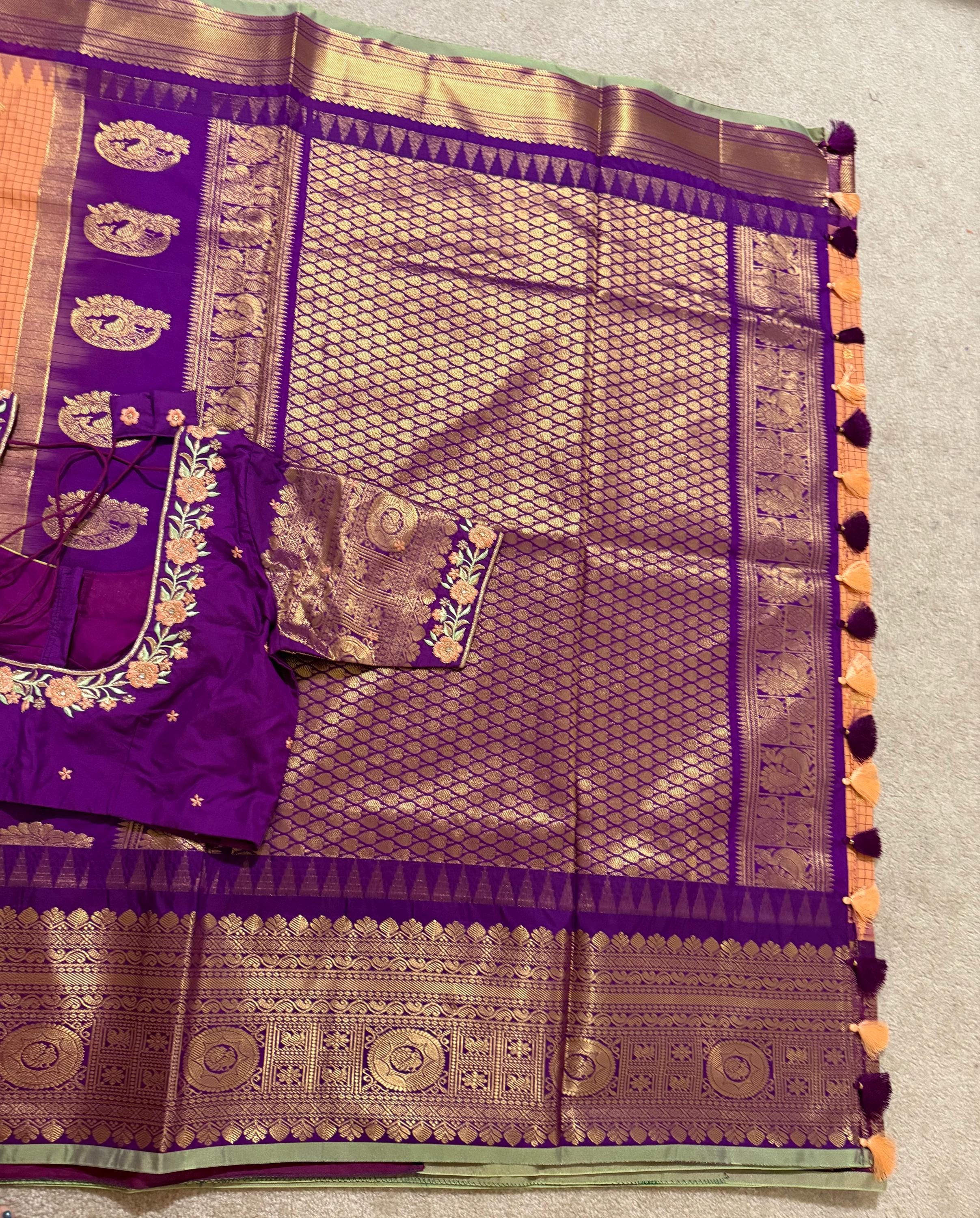 Gadwal Handloom pure silk sarees in rare colors and ready to wear blouse with embroidered blouse fits up to 32 -46 saree is ready fall pico