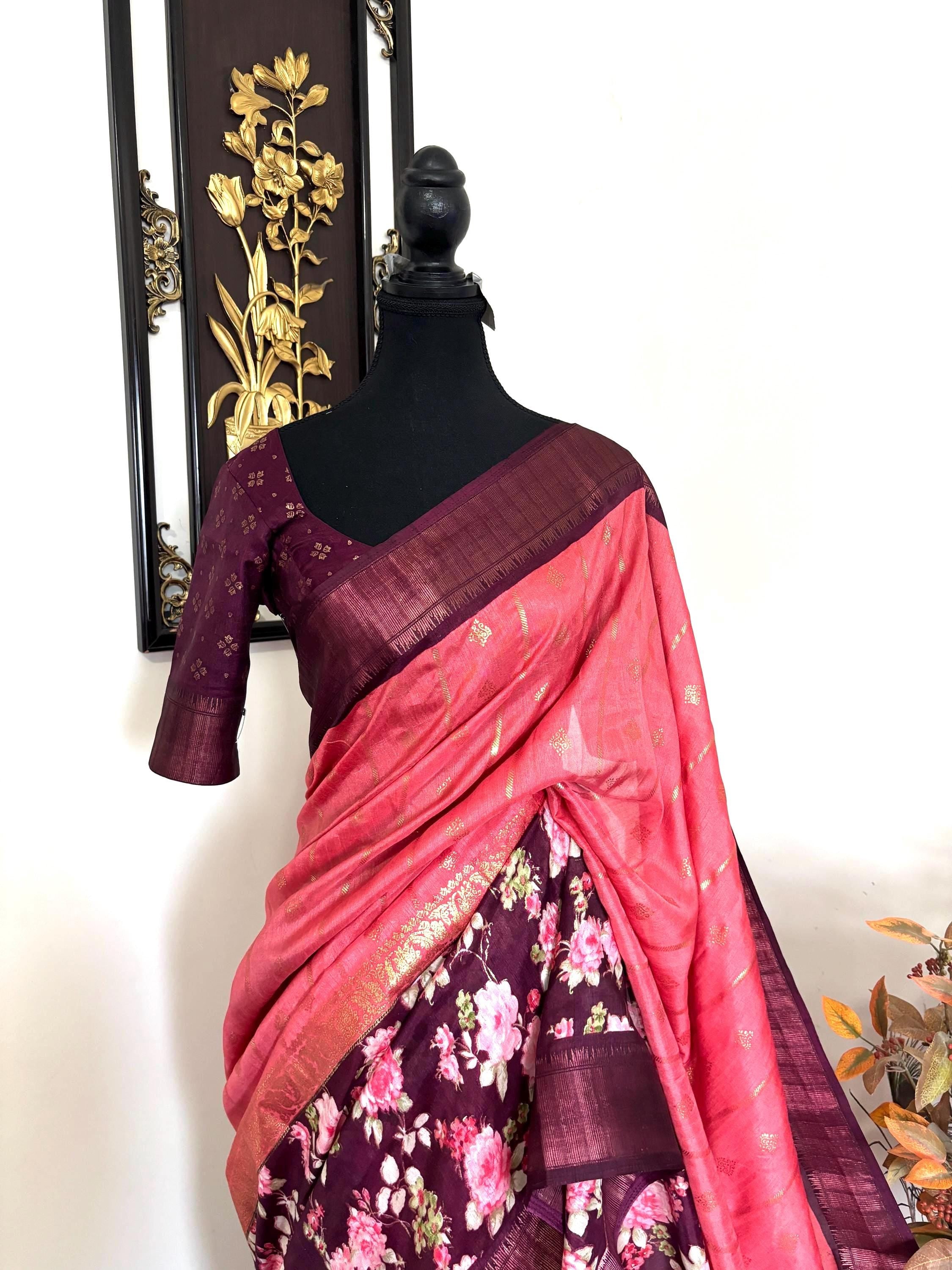 Light weight easy to drape Soft Silk fancy Saree; with beautiful pythani boarder, with Pochampalli design ready to wear Blouse fits 32-46