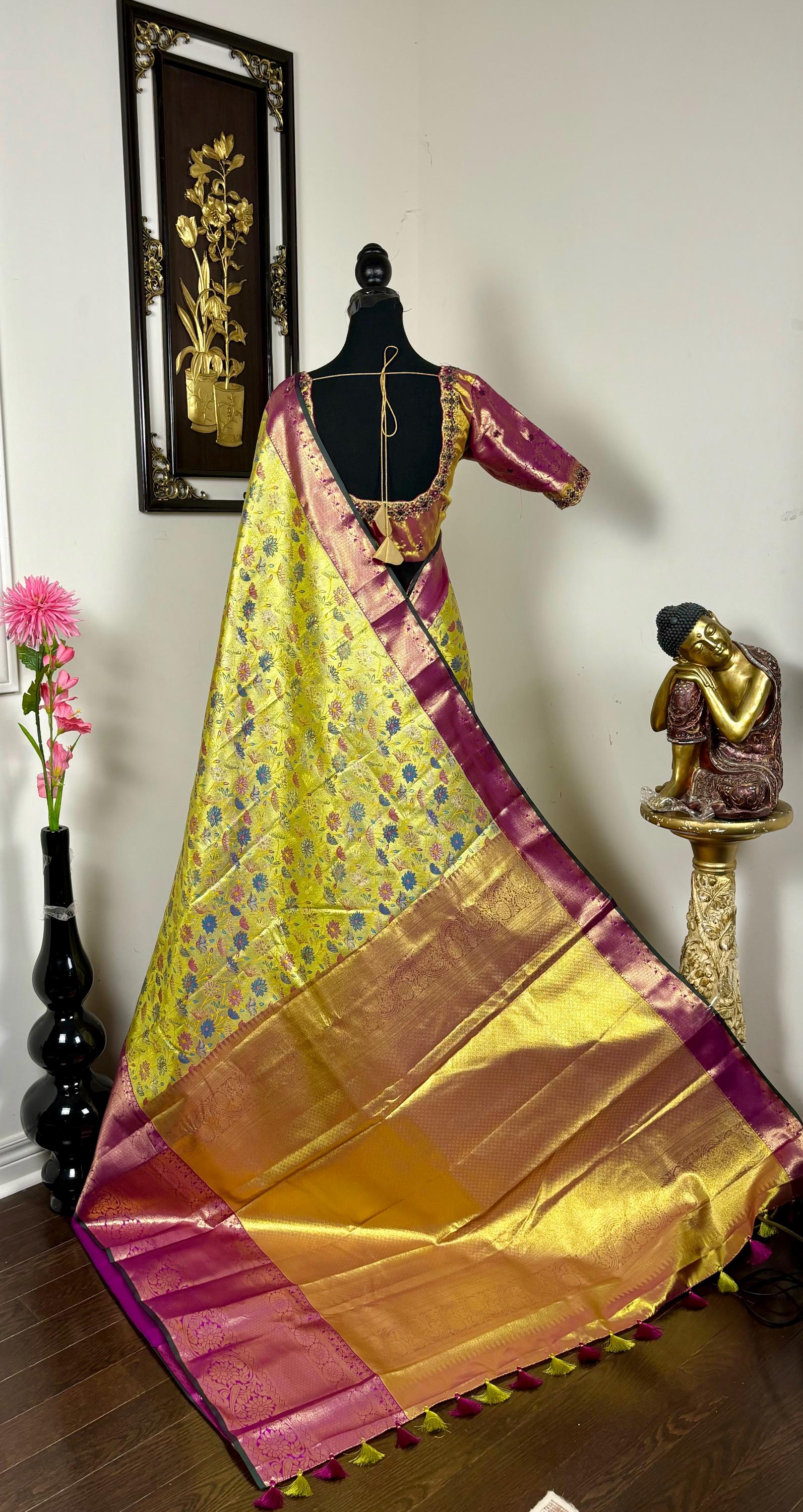 Kanchipuram tissu silk saree in rare colors with beautifully done hand  made embroidered blouse with ready to wear work blouse fits 32 to 46