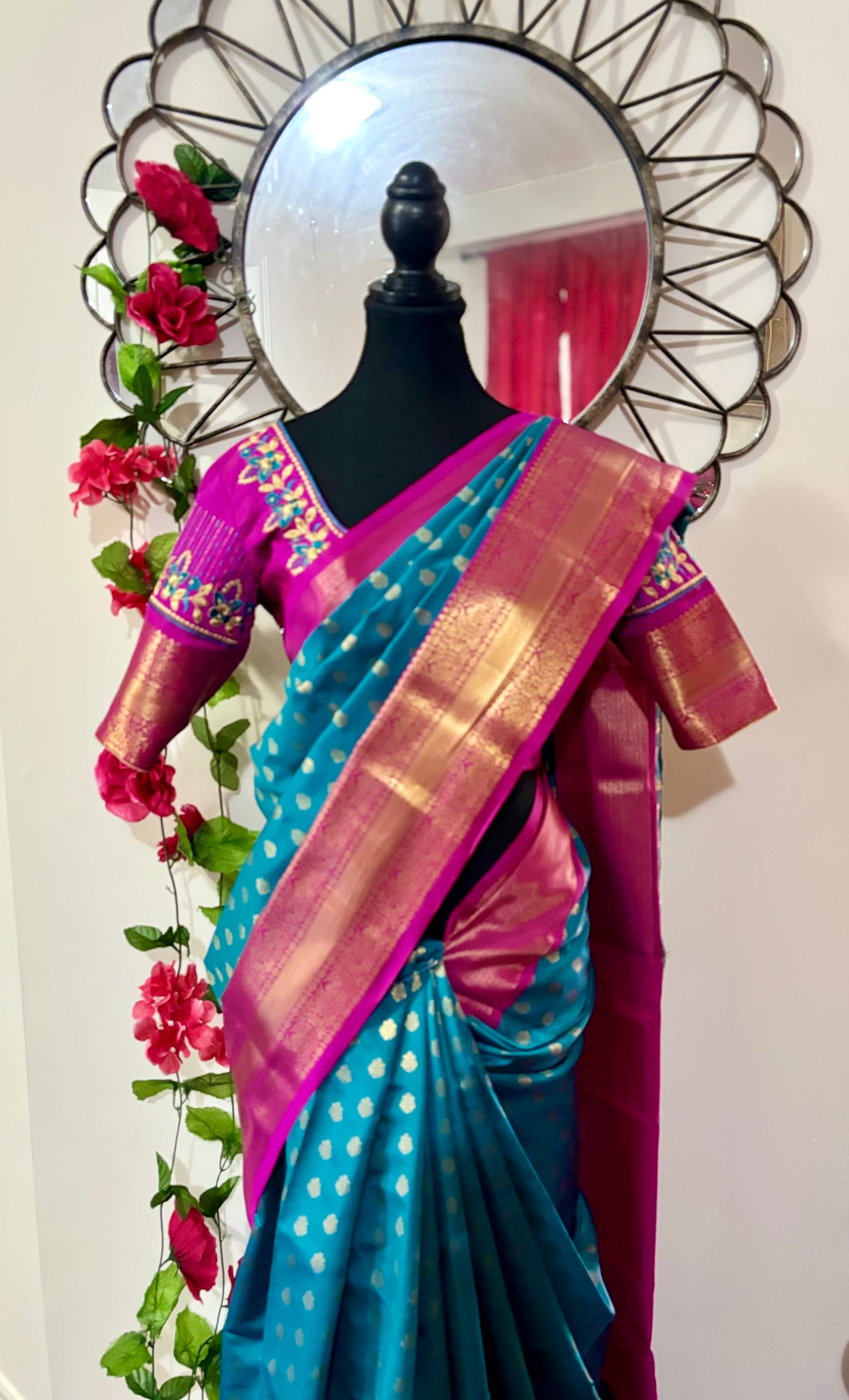 Kanchipuram soft silk saree in rare colors with beautifully done hand  made embroidered blouse with ready to wear work blouse fits 32 to 46