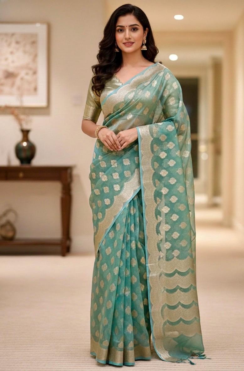 Beautiful party wear cocktail pure silk  banarasi  tissue  saree paired up with pretty designer Blouse fits 32-46