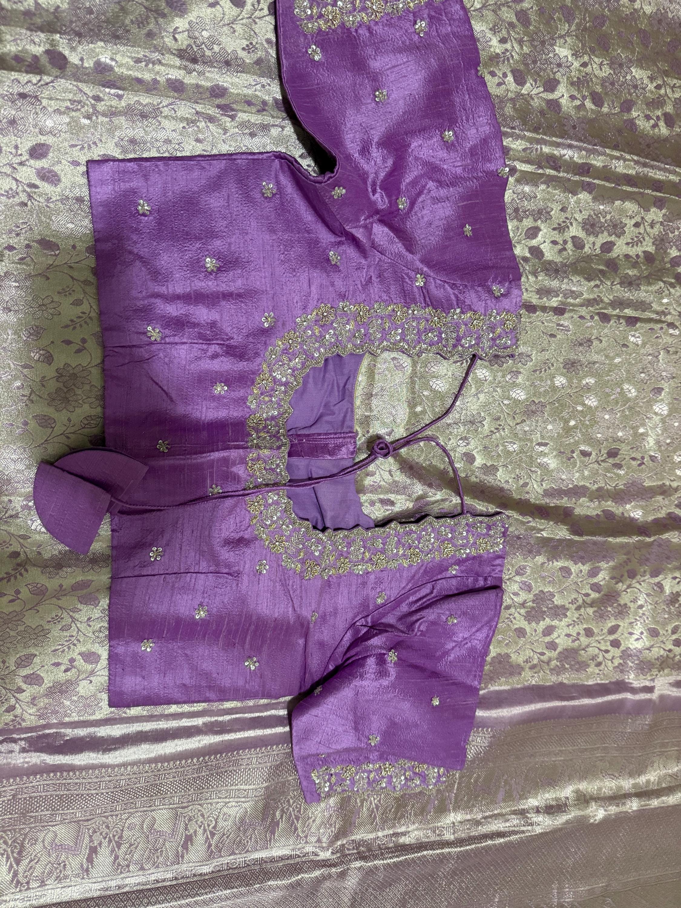 Kanchipuram tissu silk saree in rare colors with beautifully done hand  made embroidered blouse with ready to wear work blouse fits 32 to 46