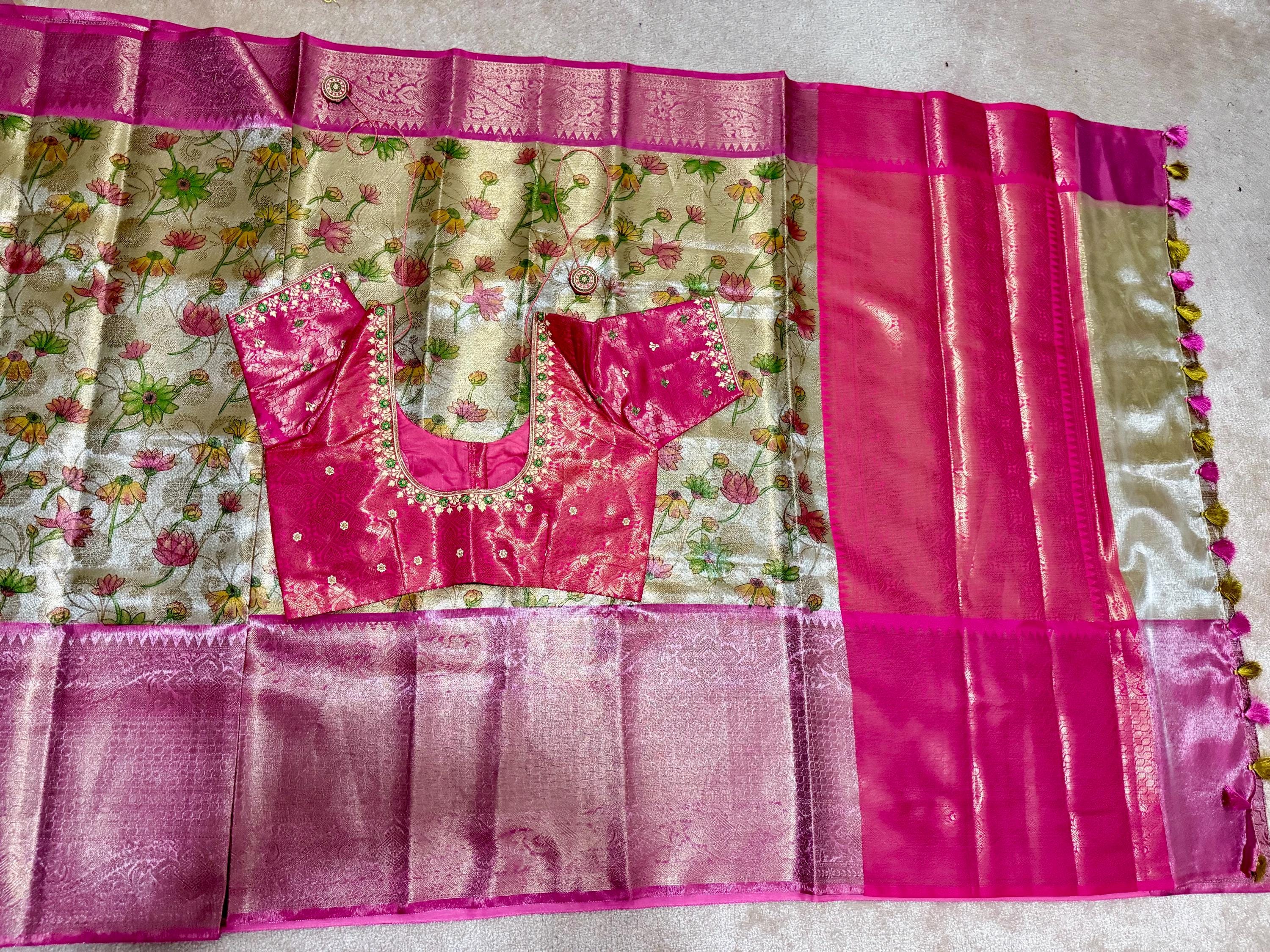 Kanchipuram kalamkari   soft silk saree in rare colors with beautifull embroidered blouse with ready to wear work blouse fits 32 to 46