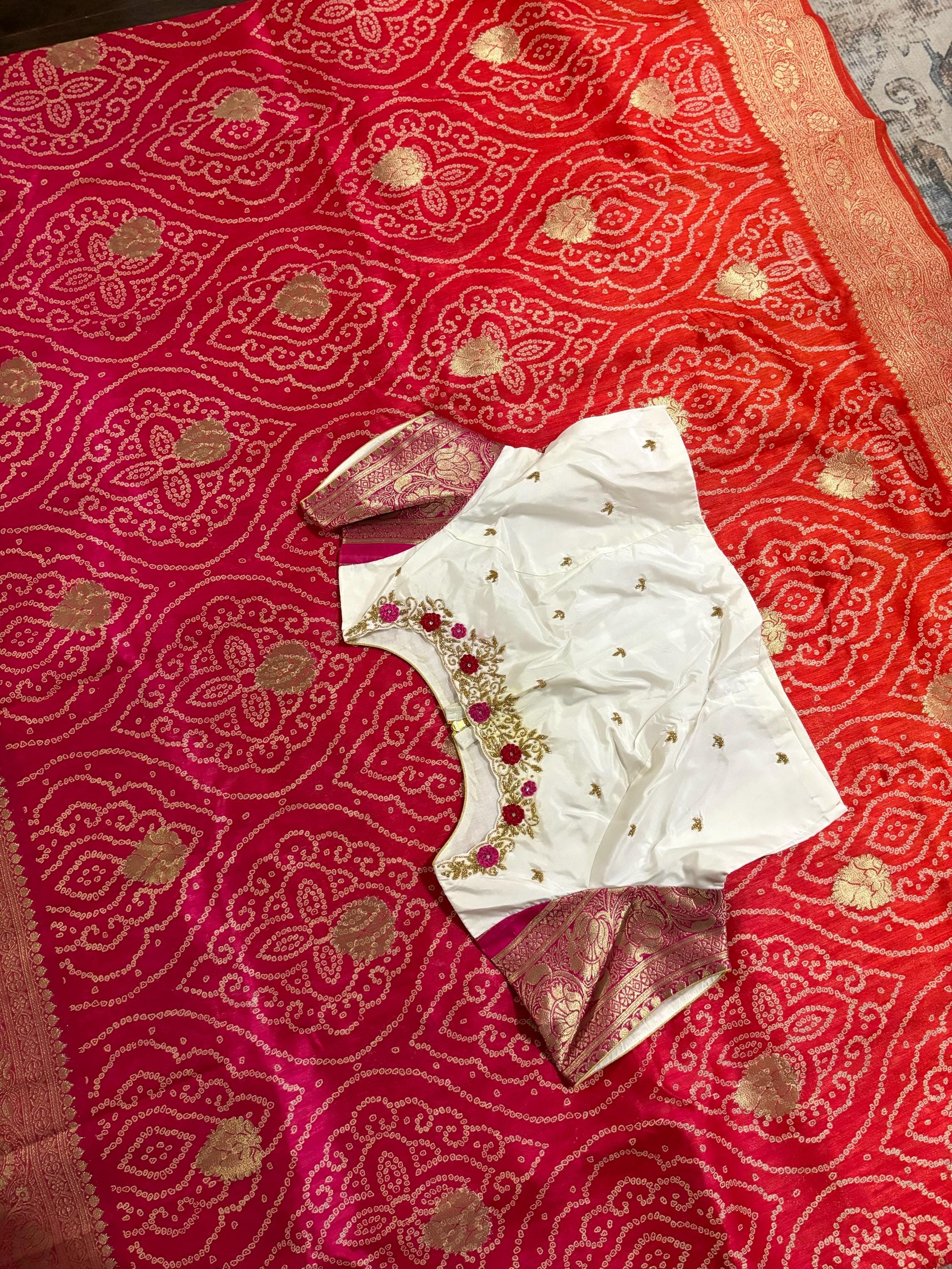 Beautiful cocktail dual shade banarasi  bandhini silk saree paired up pretty maggam blouse fits  sizes 32 -46 ready to wear prettiest blouse
