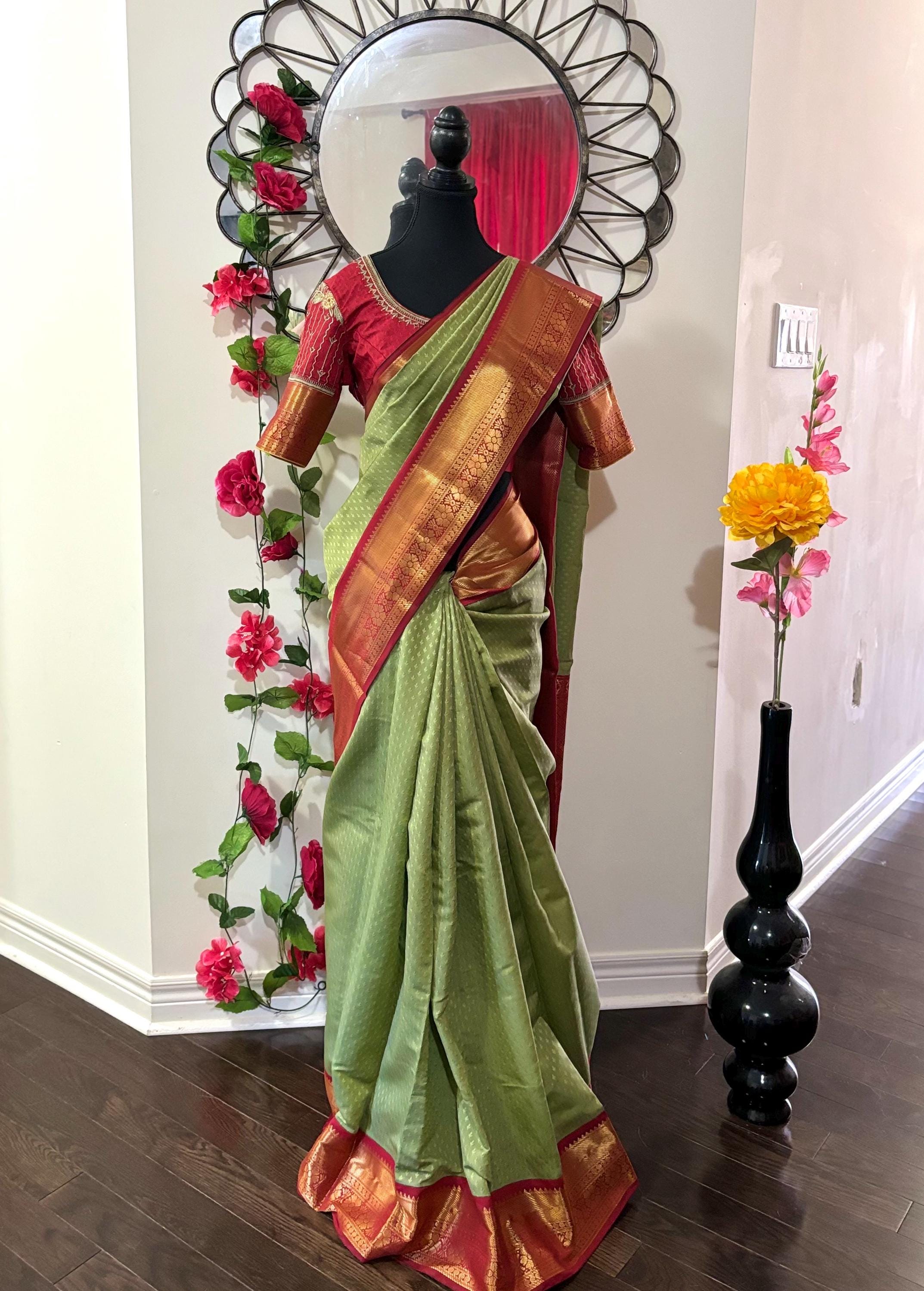 Kanchipuram soft silk saree in rare colors with beautifully done hand  made embroidered blouse with ready to wear work blouse fits 32 to 46