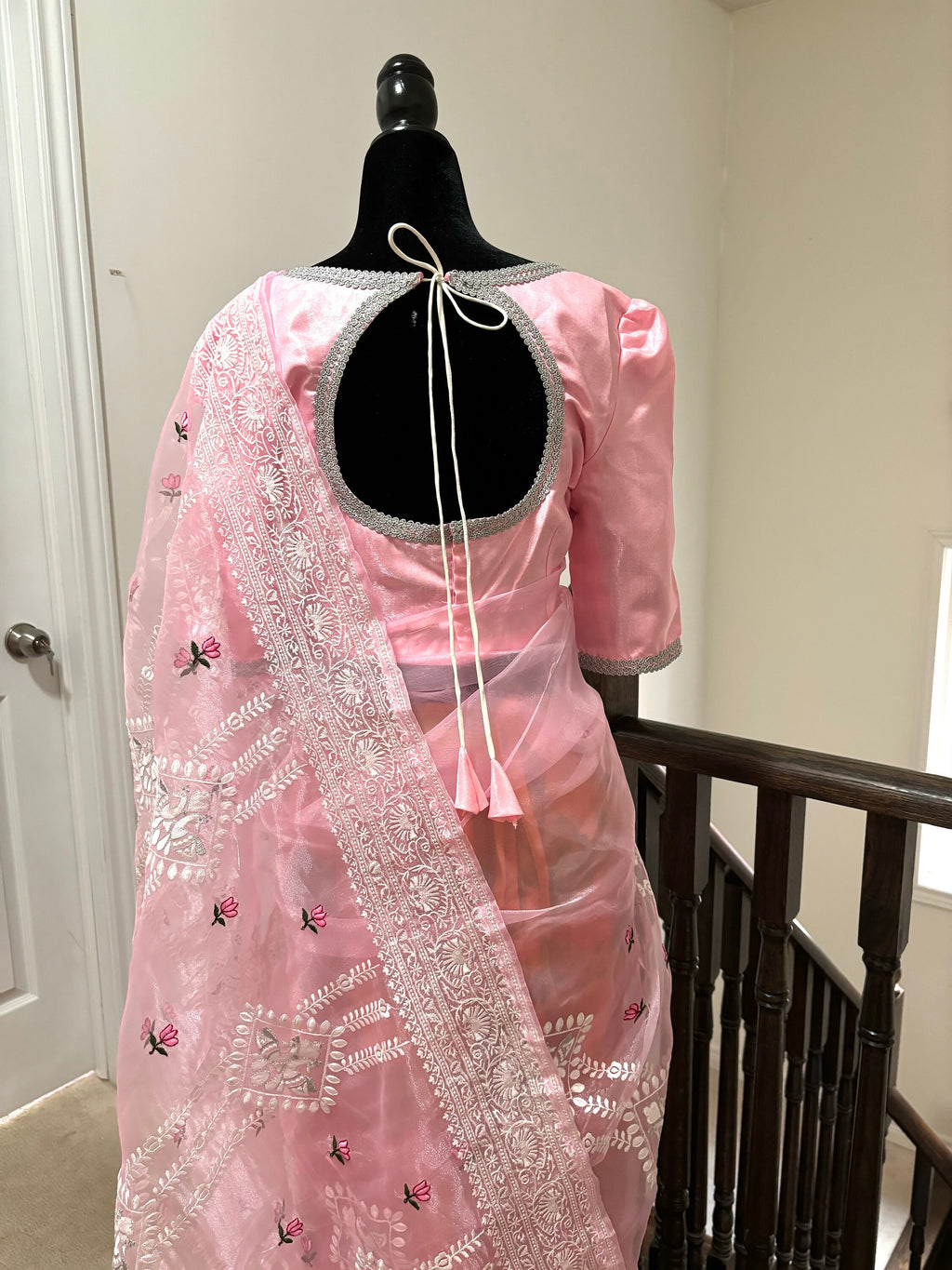 Banarasi  organza saree with beautiful chiken Kari all over the saree. Saree is ready with beautiful designer blouse that fit to 32-46 Ideal