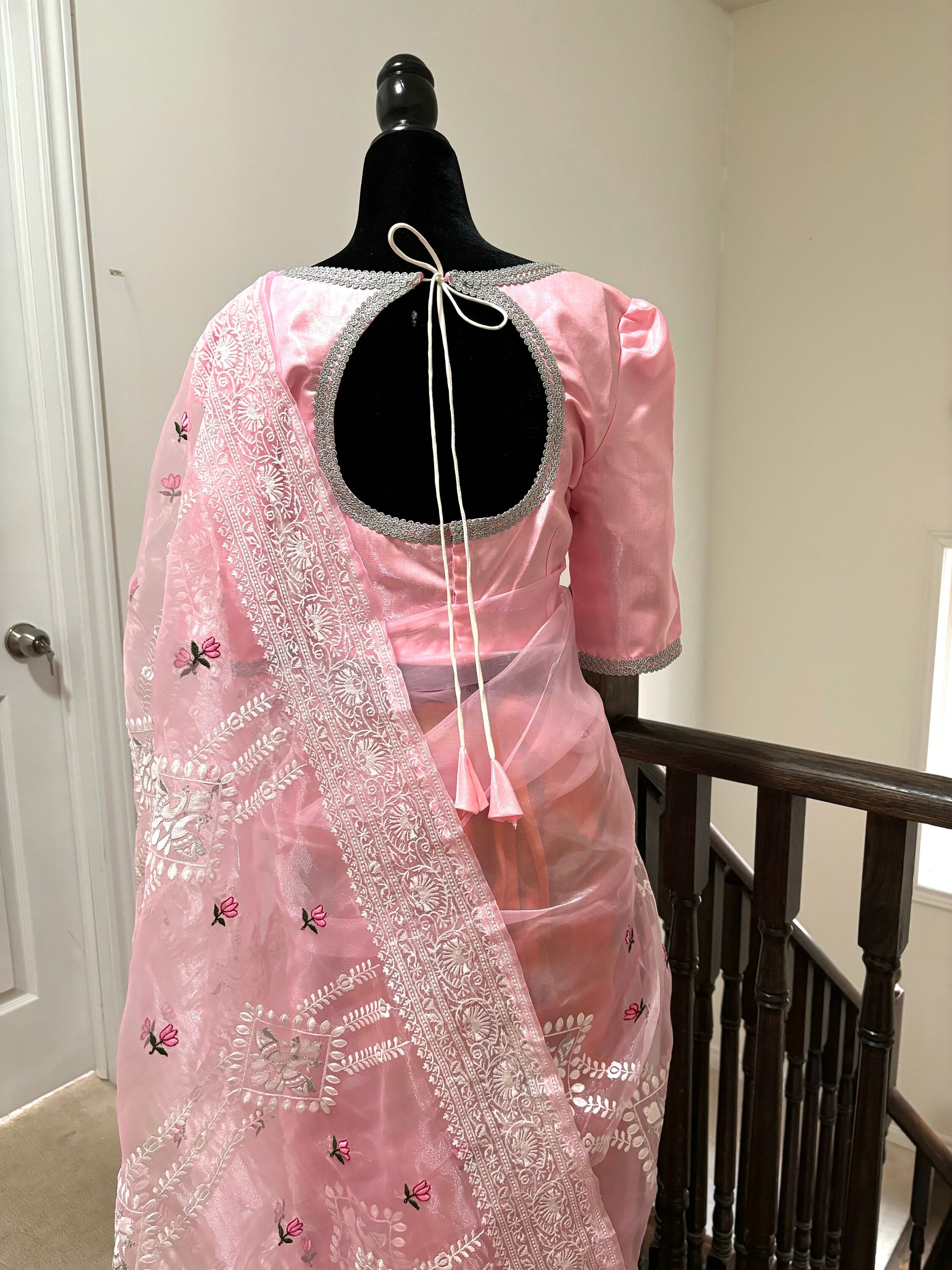 Banarasi  organza saree with beautiful chiken Kari all over the saree. Saree is ready with beautiful designer blouse that fit to 32-46 Ideal