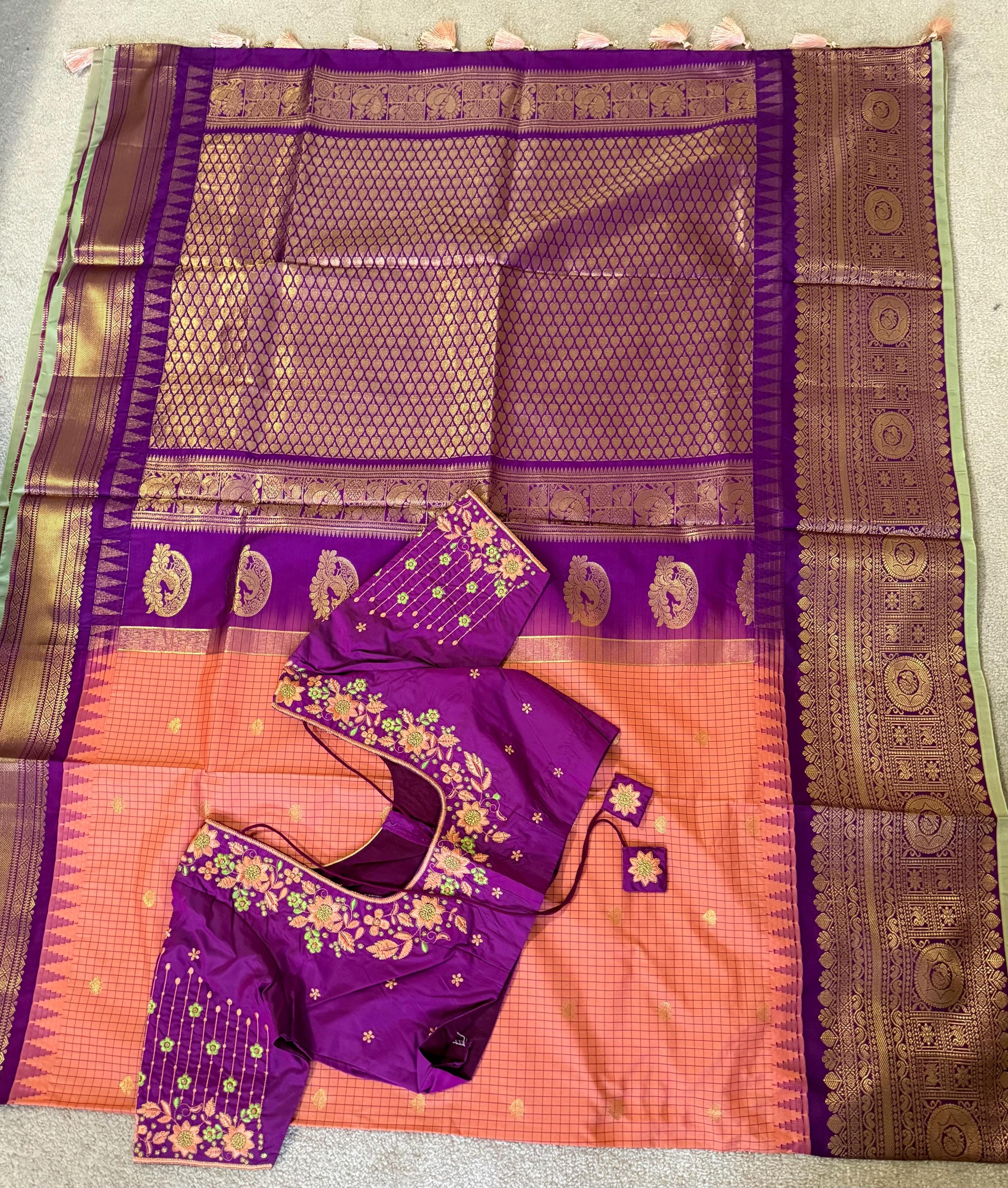 Gadwal Handloom pure silk sarees in rare colors and ready to wear blouse with embroidered blouse fits up to 32 -46 saree is ready fall pico