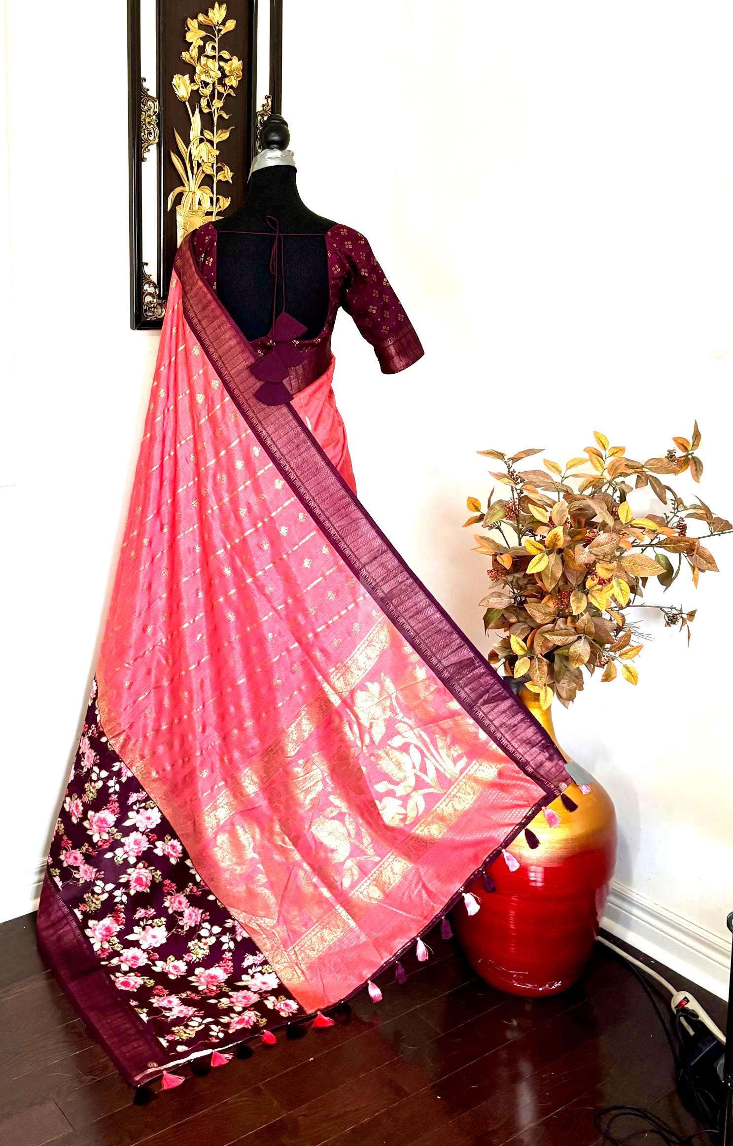 Light weight easy to drape Soft Silk fancy Saree; with beautiful pythani boarder, with Pochampalli design ready to wear Blouse fits 32-46