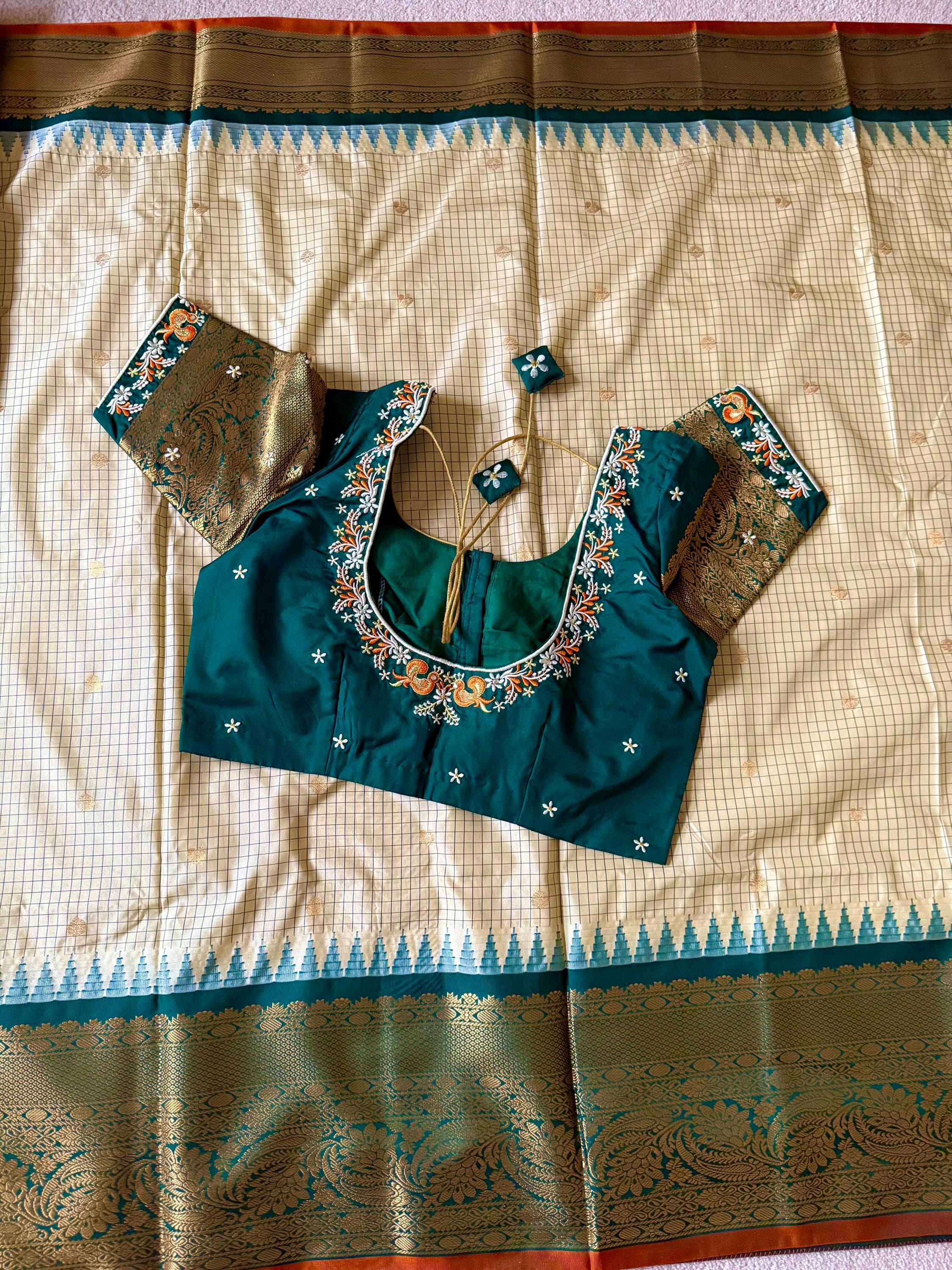 Gadwal Handloom pure silk sarees in rare colors and ready to wear blouse with embroidered blouse fits up to 32 -46 saree is ready fall pico