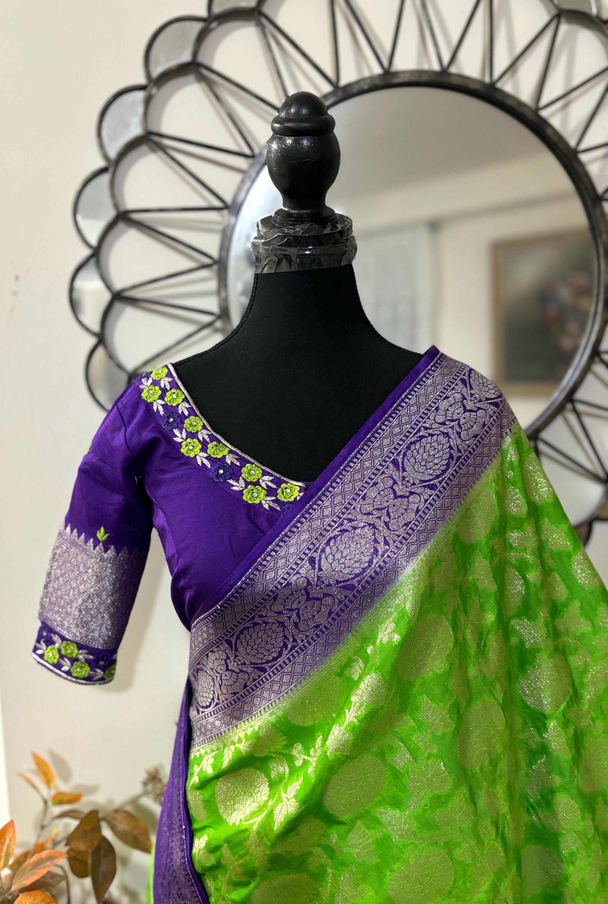 Beautiful banarasi silk saree paired up with beautiful embroidery blouse fits to 32 to 46 in beautiful rare colors all over jaal. Cocktails