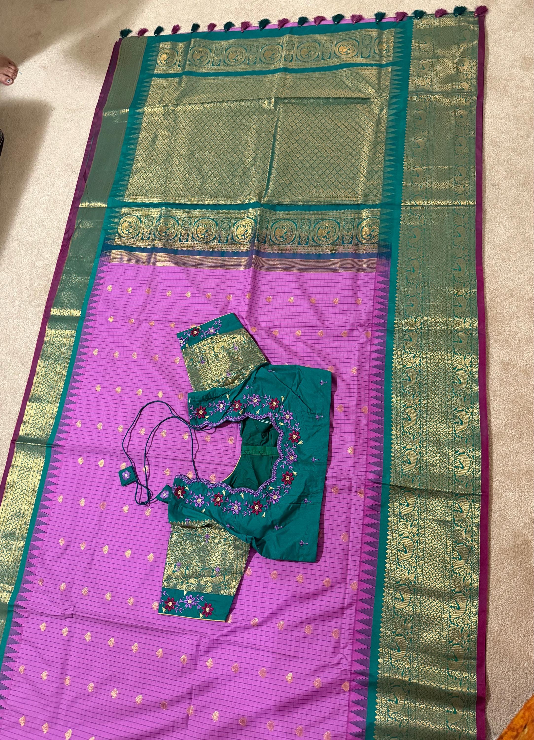 Gadwal Handloom pure silk sarees in rare colors and ready to wear blouse with embroidered blouse fits up to 32 -46 saree is ready fall pico