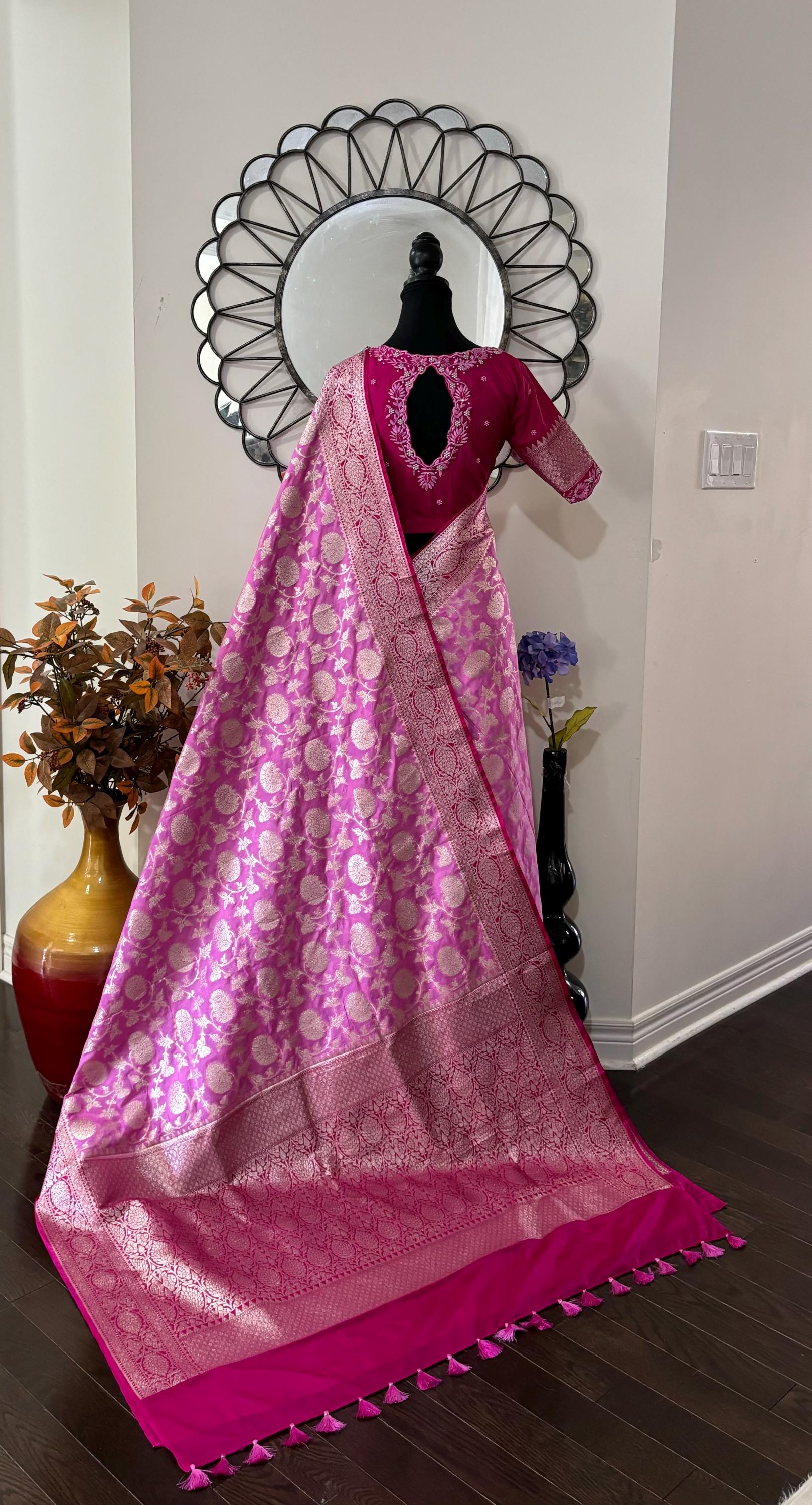 Beautiful banarasi silk saree paired up with beautiful embroidery blouse fits to 32 to 46 in beautiful rare colors all over jaal. Cocktails