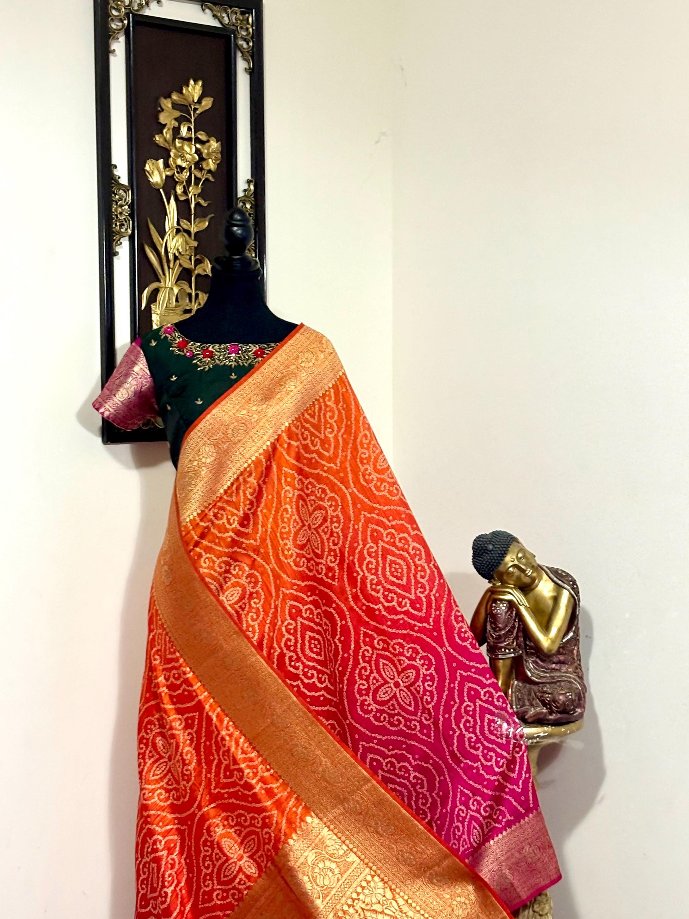 Beautiful cocktail dual shade banarasi  bandhini silk saree paired up pretty maggam blouse fits  sizes 32 -46 ready to wear prettiest blouse