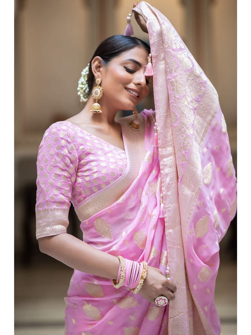 Banarasi handloom khadi georgette silk soft falling saree all over beautiful water zari weaving work any color possible ready to wear blouse