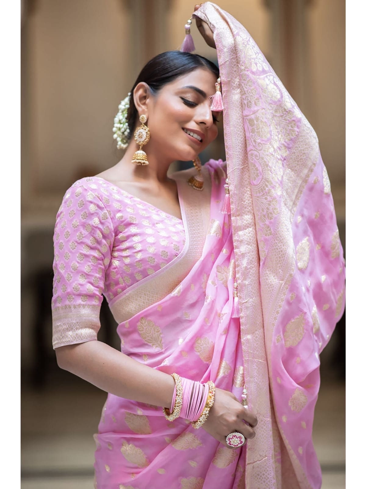 Banarasi handloom khadi georgette silk soft falling saree all over beautiful water zari weaving work any color possible ready to wear blouse