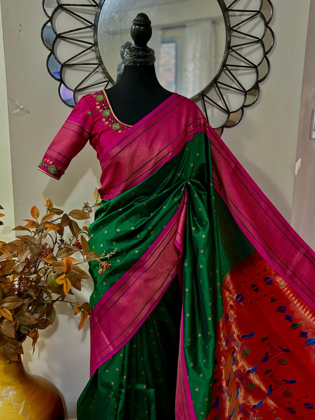 Beautiful pythani pure silk saree with   ready to wear beautiful  work blouse fits up to 32 to 46  purple  color, saree is ready to wear