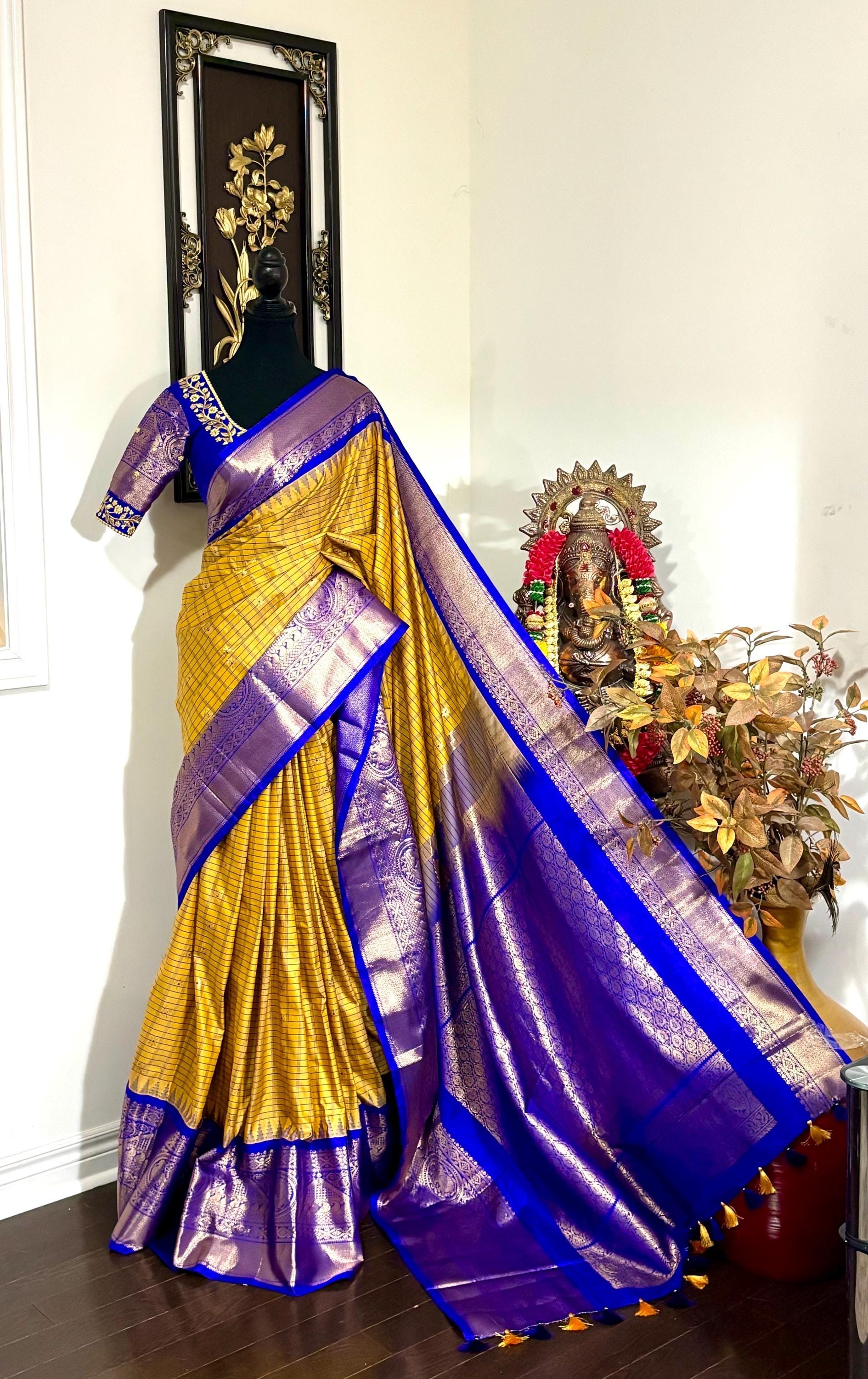 Gadwal Handloom pure silk sarees in rare colors and ready to wear blouse with embroidered blouse fits up to 32 -46 saree is ready fall pico
