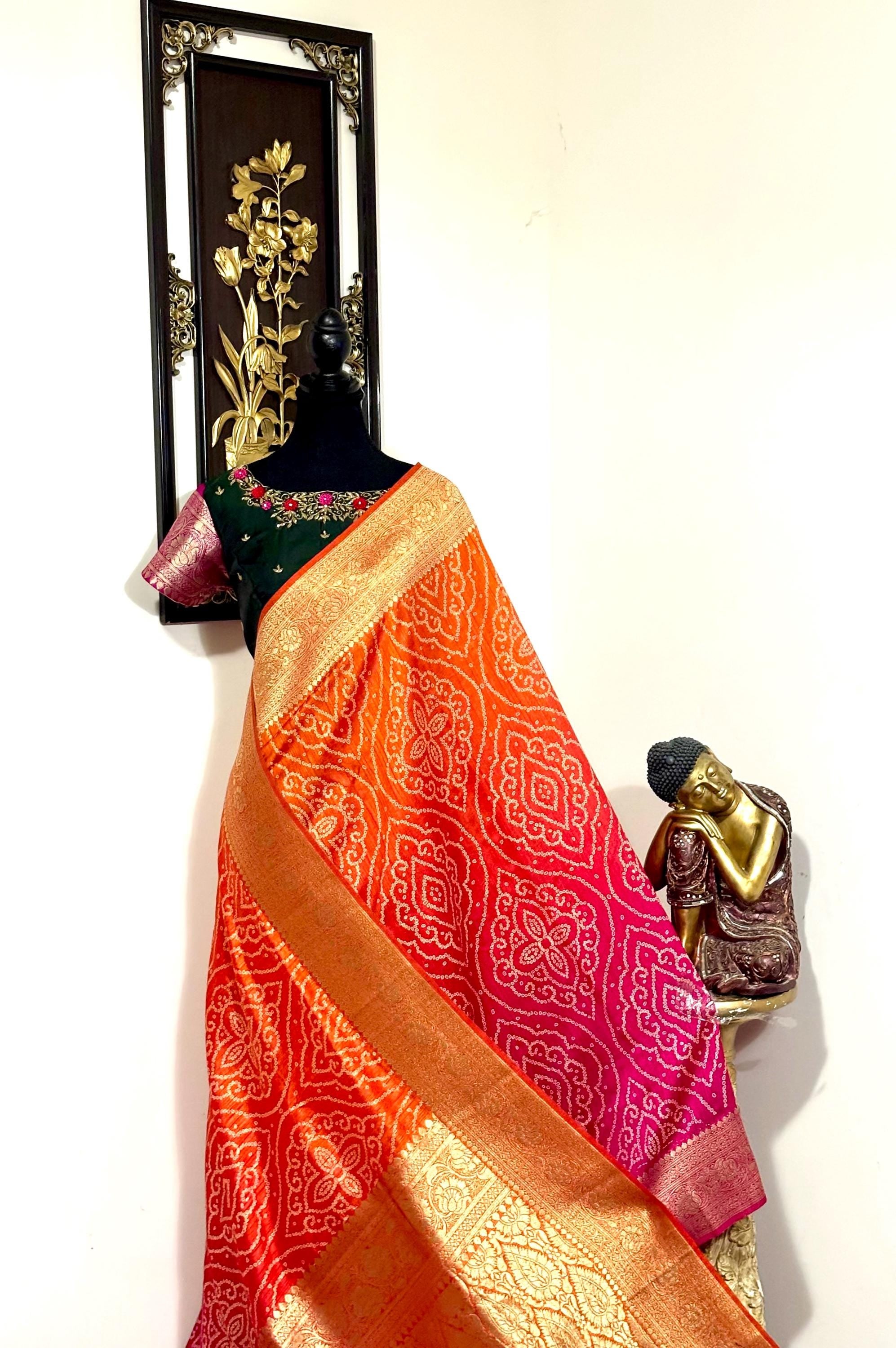 Beautiful cocktail dual shade banarasi  bandhini silk saree paired up pretty maggam blouse fits  sizes 32 -46 ready to wear prettiest blouse