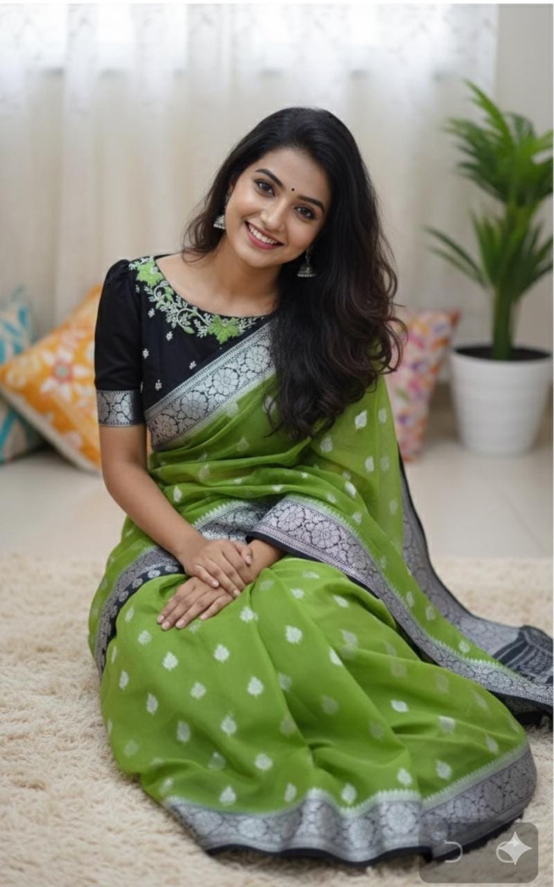 Beautiful banarasi saree paired up with pretty maggam work blouse.
