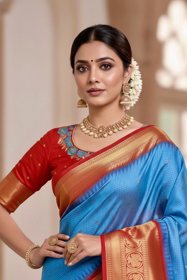 Gadwal Handloom pure silk sarees in rare colors and ready to wear blouse with embroidered blouse fits up to 32 -46 saree is ready fall pico