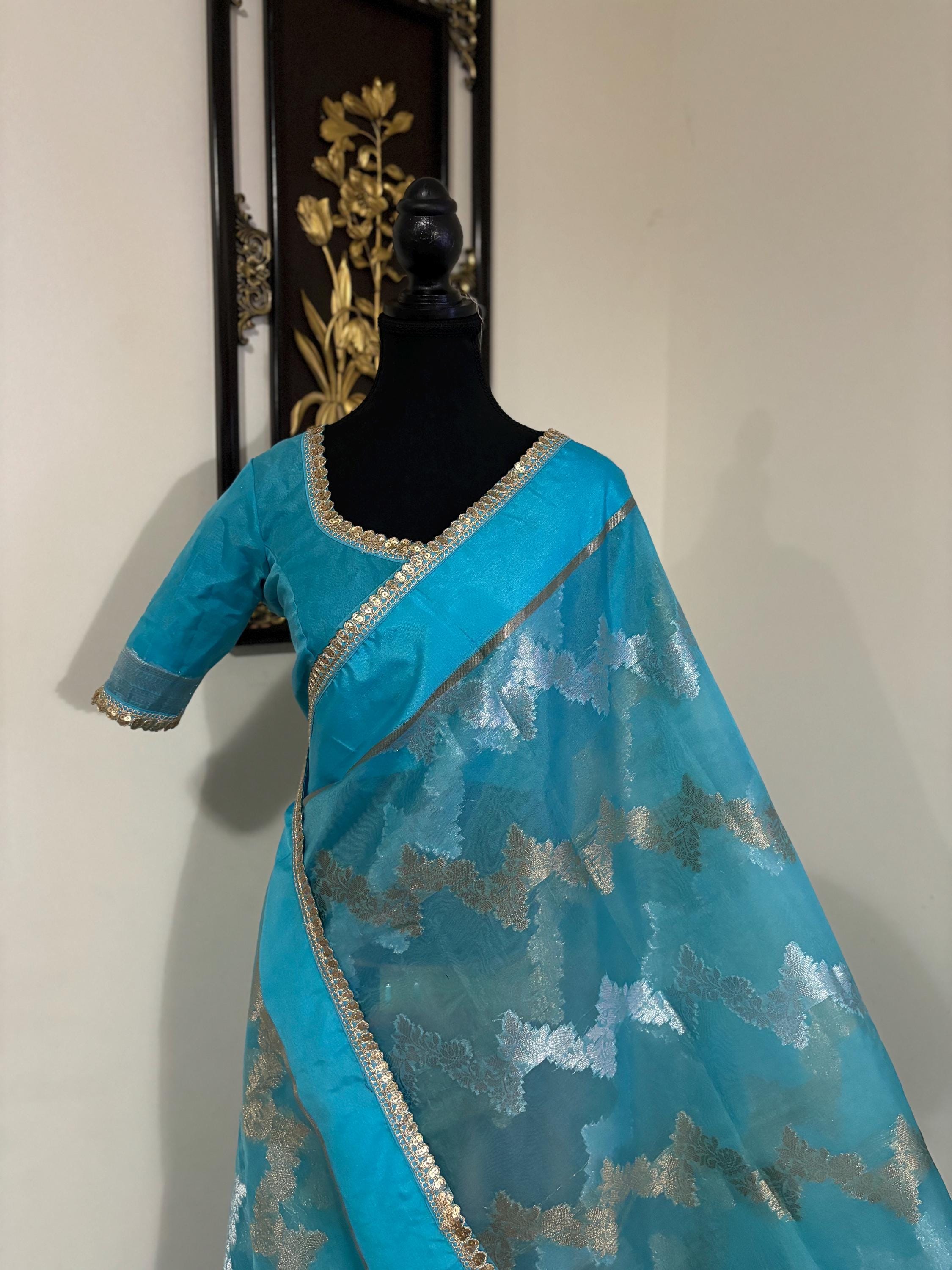 Banarsi fancy beautiful kora organza double zari silk saree very soft ant flowy ready to wear designer blouse fits 32-46  eye cooling shades