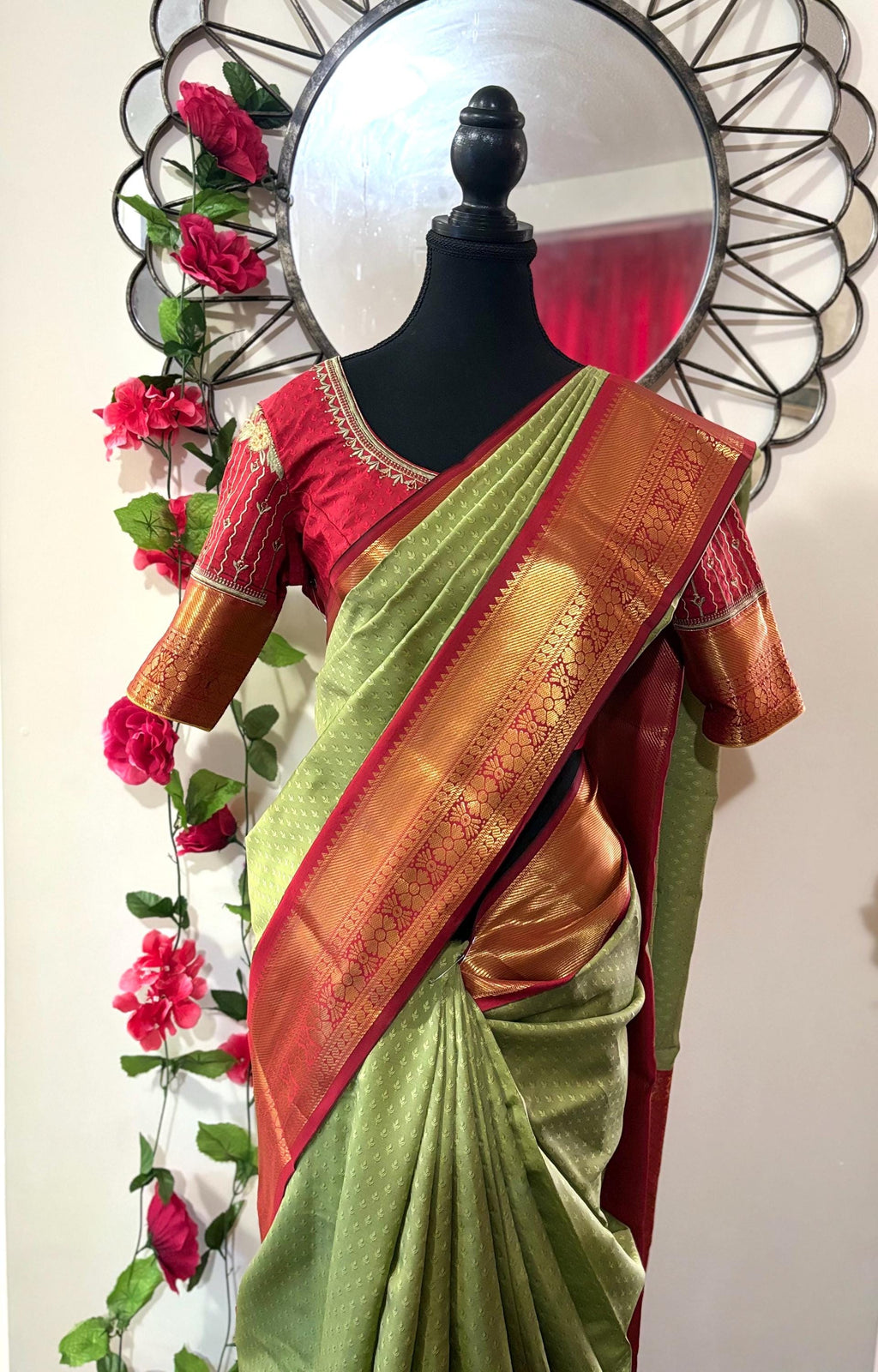 Kanchipuram soft silk saree in rare colors with beautifully done hand  made embroidered blouse with ready to wear work blouse fits 32 to 46