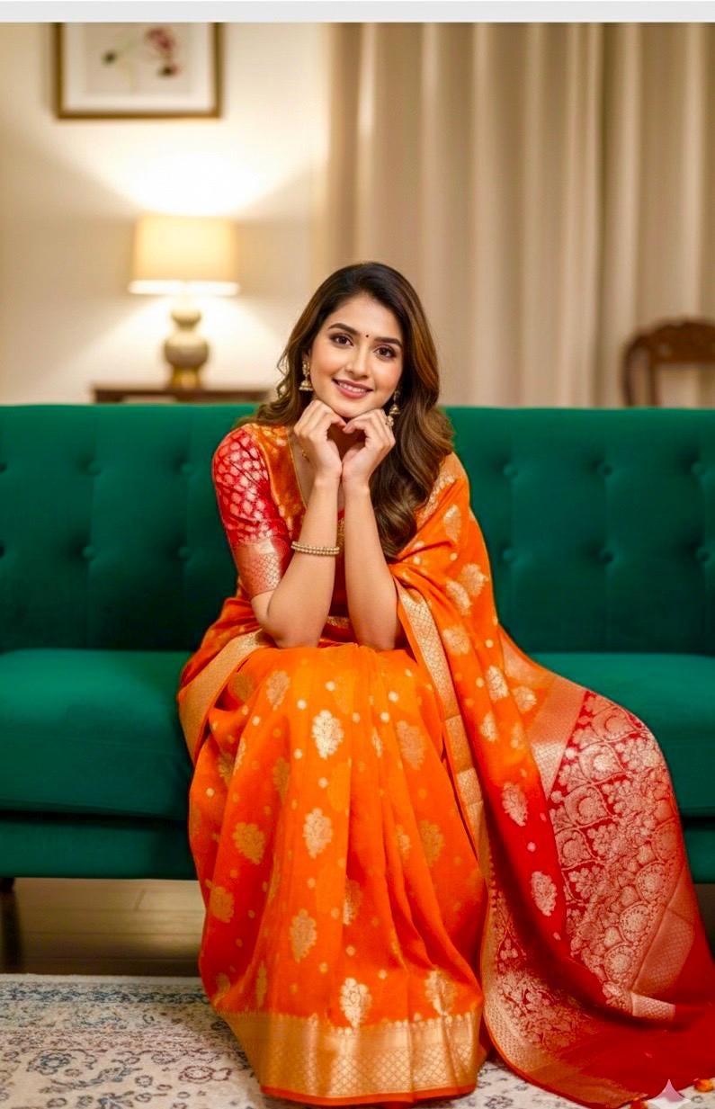 Banarasi dual shade handloom khadi georgette silk saree all over beautiful waterzariweavingbeautifulcombinations,orange and red readyblouse