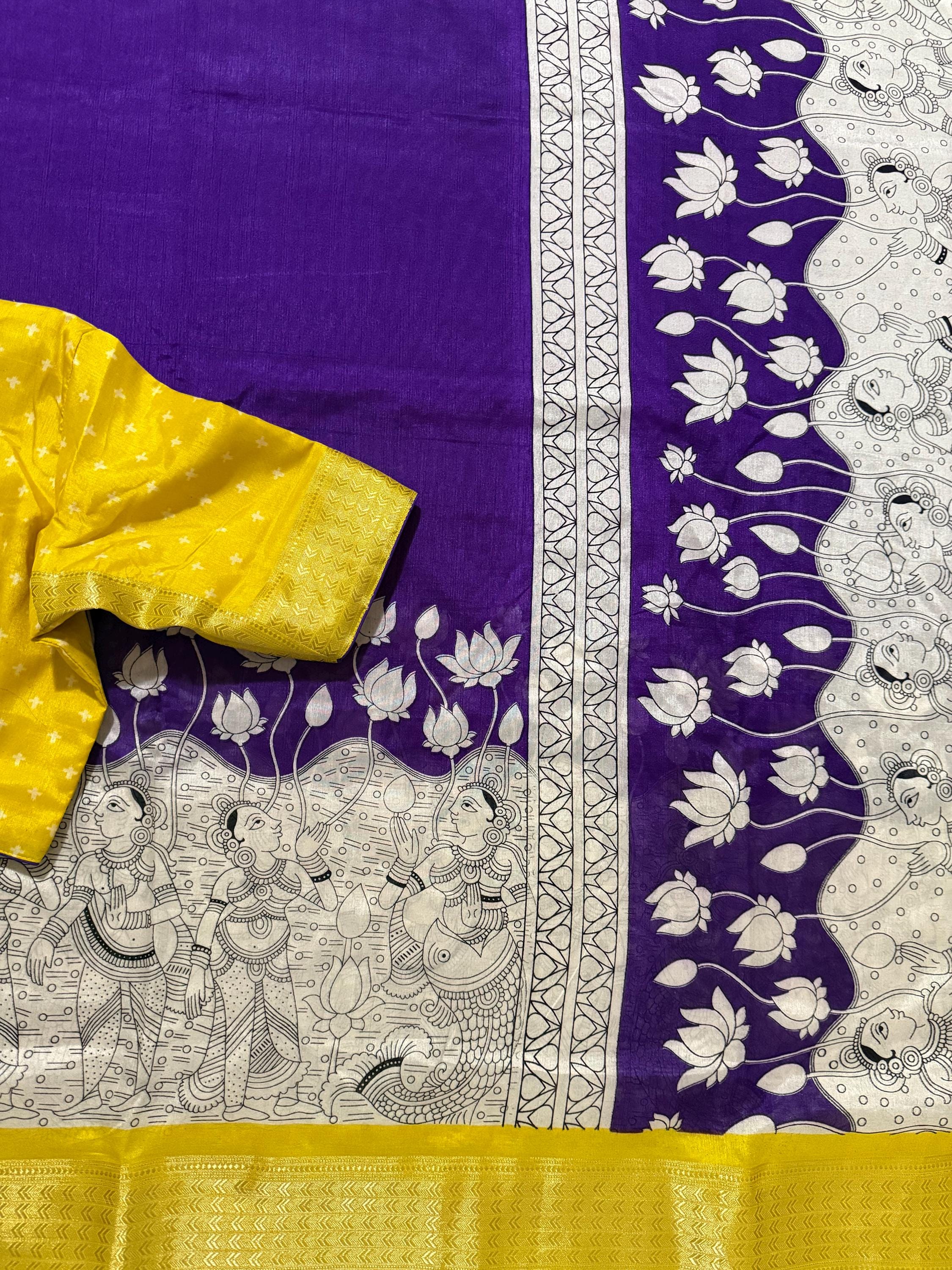 Light weight easy to drape Soft Silk fancy Saree; with beautiful Kanchi boarder , with Kalamkari design ready to wear Blouse fits 32-46
