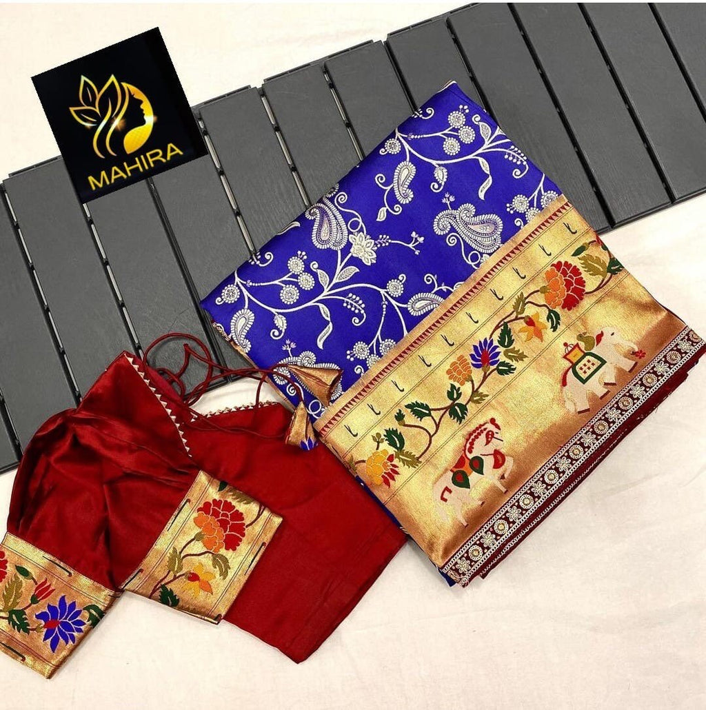 Beautiful soft paithani silk saree with all over zari weaving along with contrast munia border and pretty sequins lace border