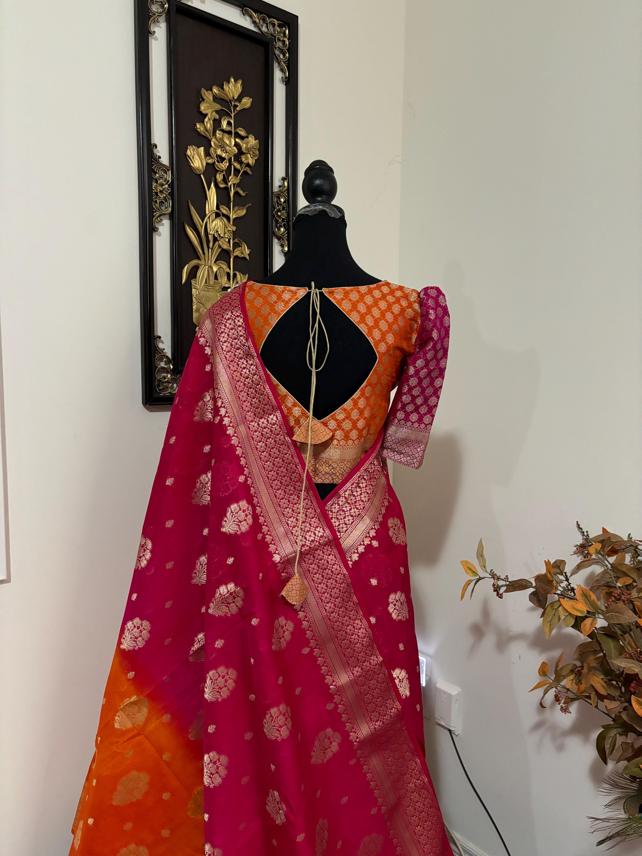 Beautiful Banarasi Dual shade  handloom khadi georgette silk saree all over beautiful water zari weaving work all over  32-46 Ready Blouse