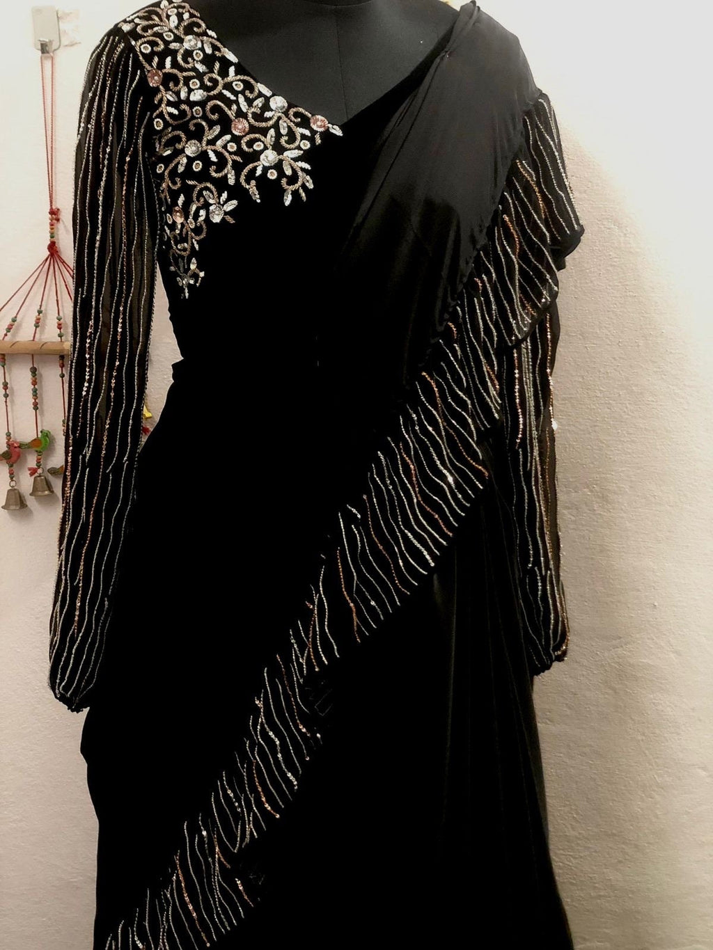 Cocktails sequence Saree  made with mulberry silk frils boarder made with zardosi sequence and khardana work/ fits  32-46/ Any color possi