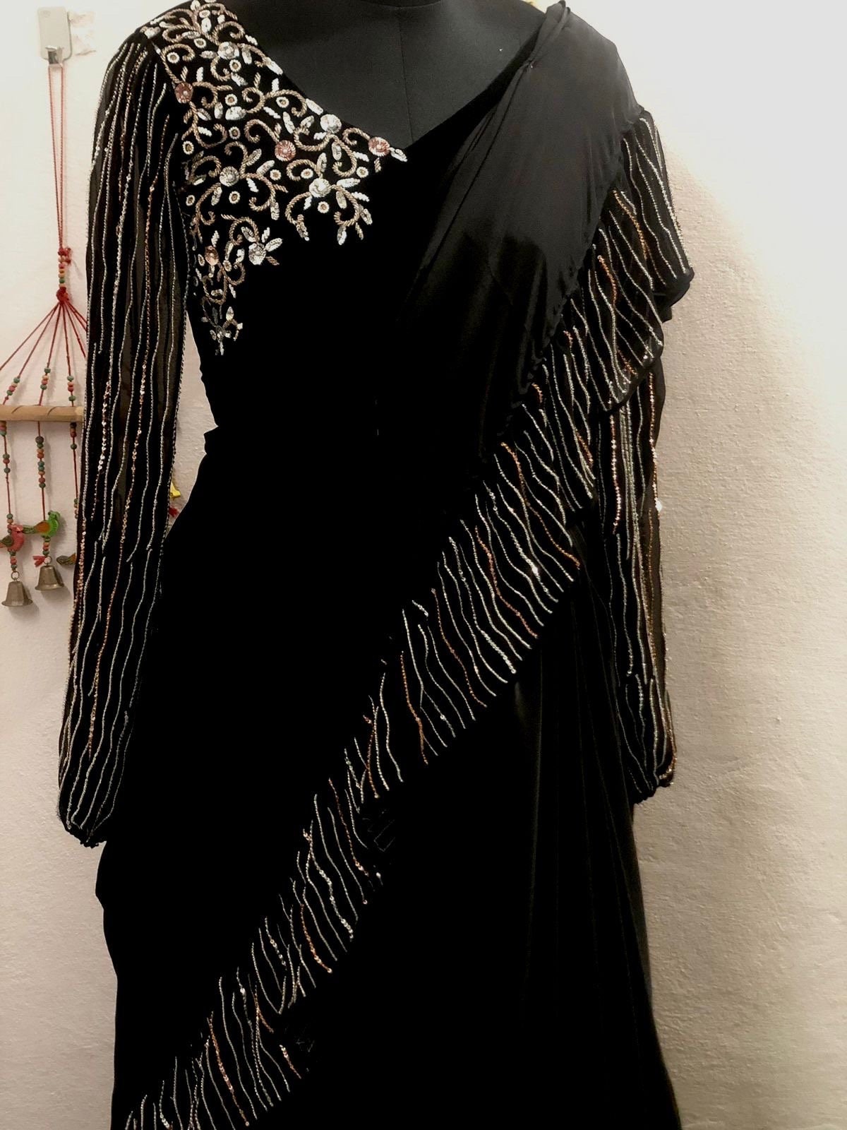 Cocktails sequence Saree  made with mulberry silk frils boarder made with zardosi sequence and khardana work/ fits  32-46/ Any color possi