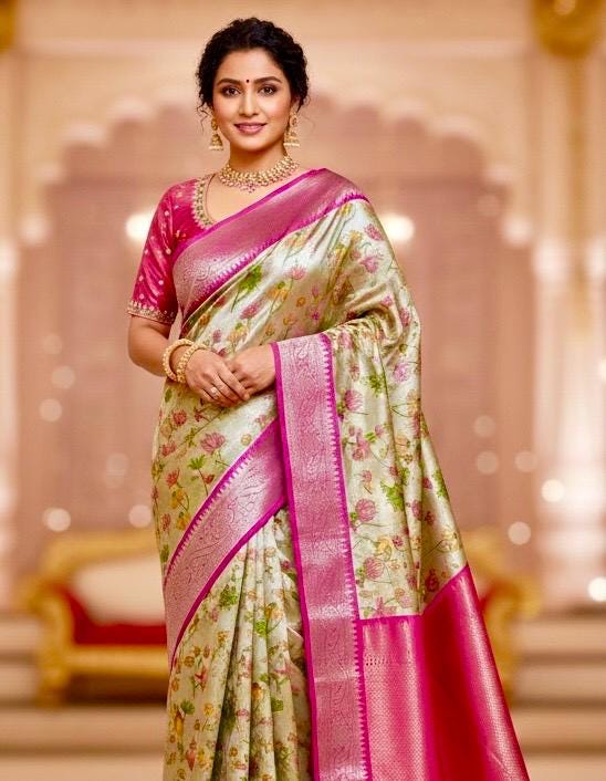 Kanchipuram kalamkari   soft silk saree in rare colors with beautifull embroidered blouse with ready to wear work blouse fits 32 to 46