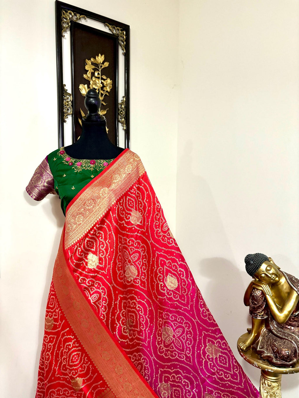 Beautiful cocktail dual shade  bandini silk saree paired up pretty maggam blouse fits  sizes 32 -46 ready to wear prettiest blouse