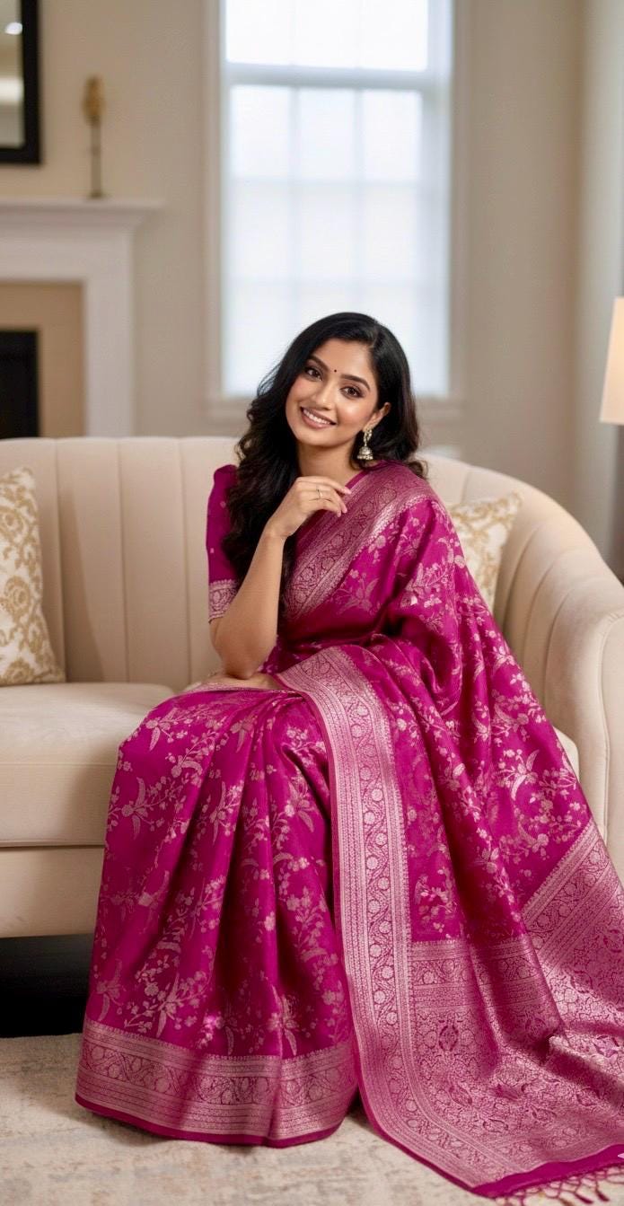 Beautiful banarasi saree with silver Zari weaving all over the saree paired up with pretty ready to wear  blouse that fits to 32 to 46