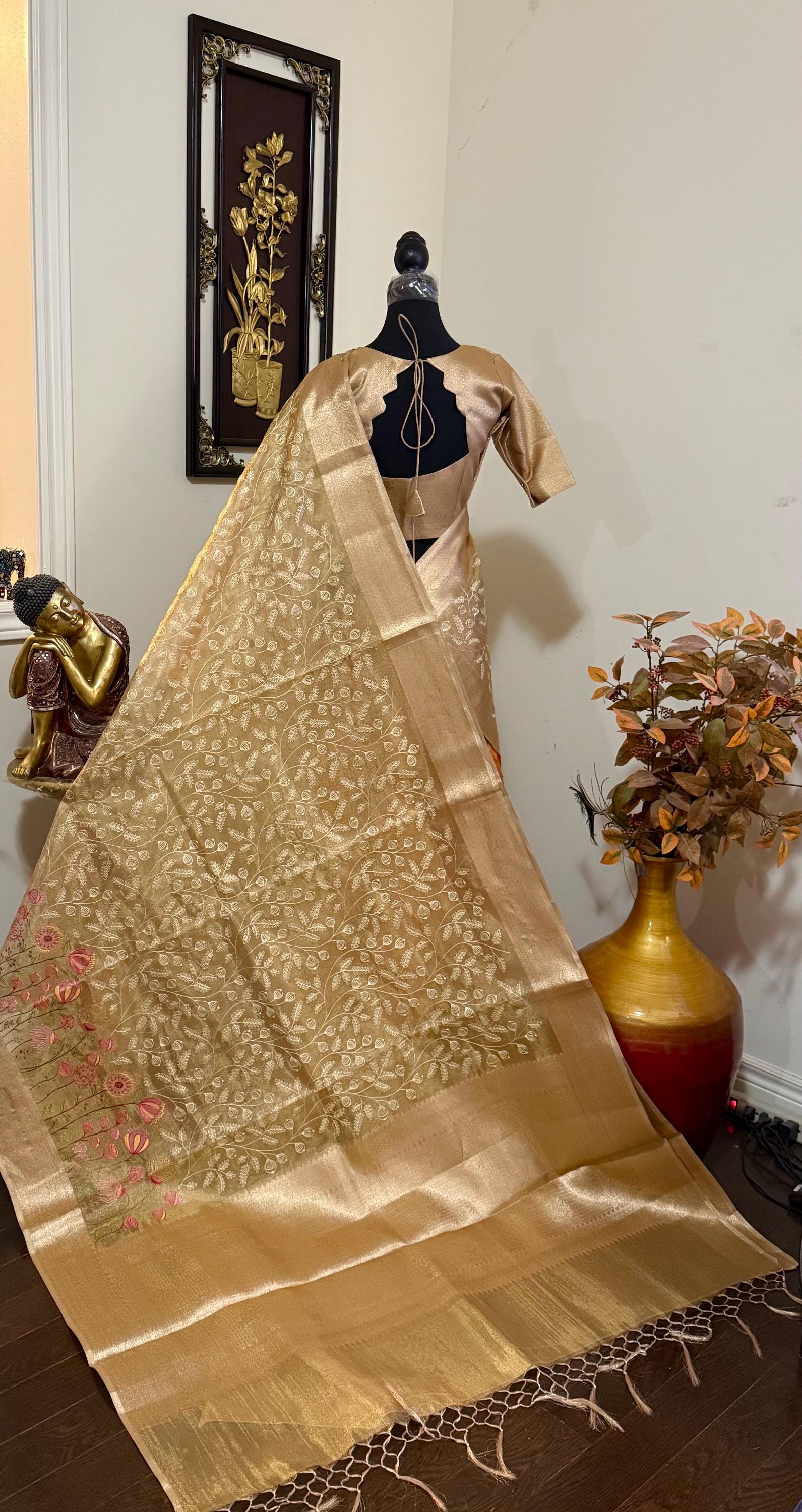 Beautiful gold tissue silk saree with all over embroidered floral design all over saree ready to wear designer blouse fits to 32-46