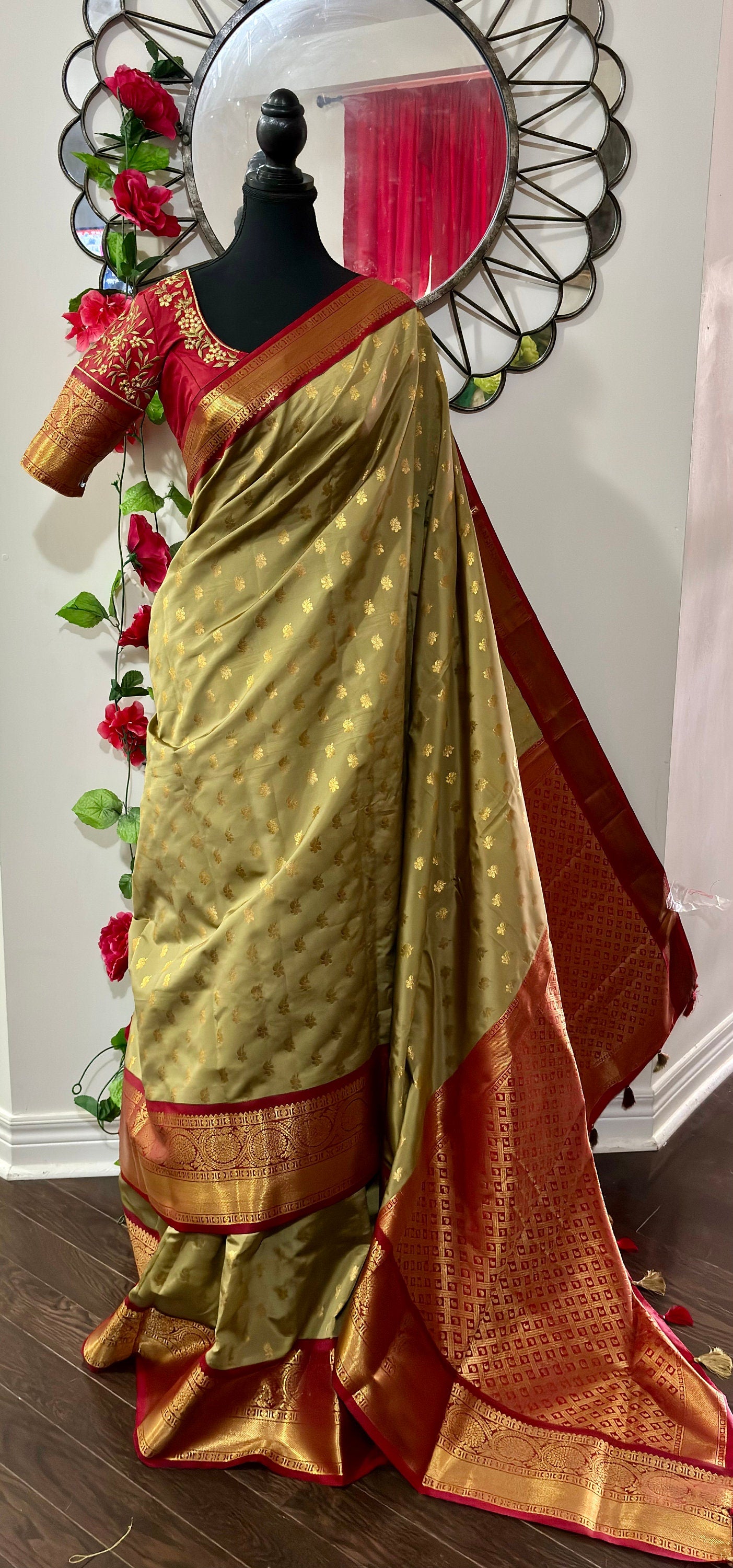 Kanchipuram soft silk saree in rarecolors with beautifully done hand  made embroidered blouse with readytowear work blouse fitsup to32 to 46