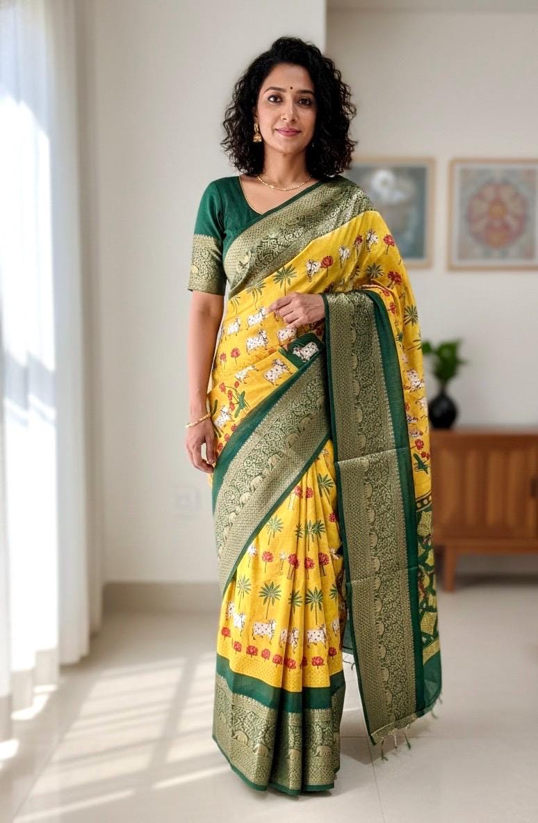 Beautiful Pichwai Kalamkari Prints soft silk saree with Kanchi boarder lotus and cow  prints Saree is ready with blouse and fall and pico