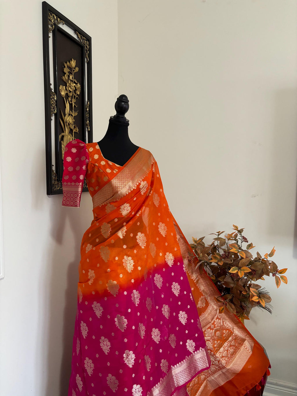 Beautiful Banarasi Dual shade  handloom khadi georgette silk saree all over beautiful water zari weaving work all over  32-46 Ready Blouse