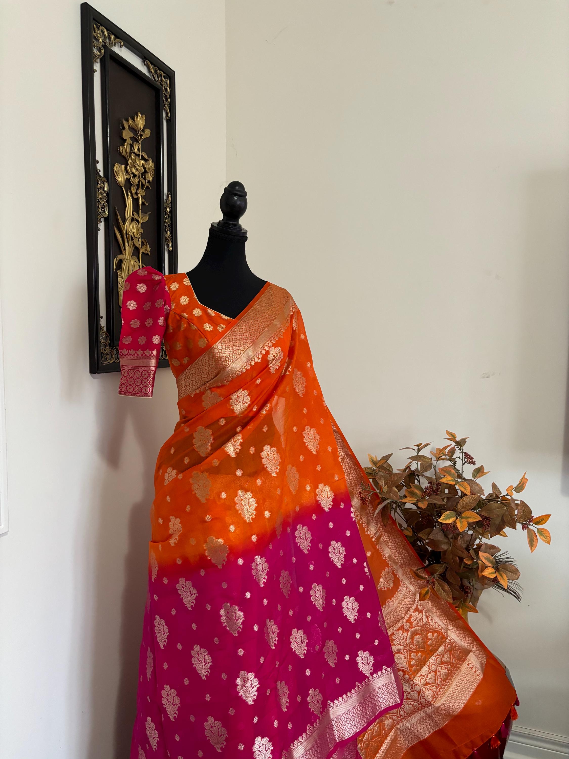 Beautiful Banarasi Dual shade  handloom khadi georgette silk saree all over beautiful water zari weaving work all over  32-46 Ready Blouse