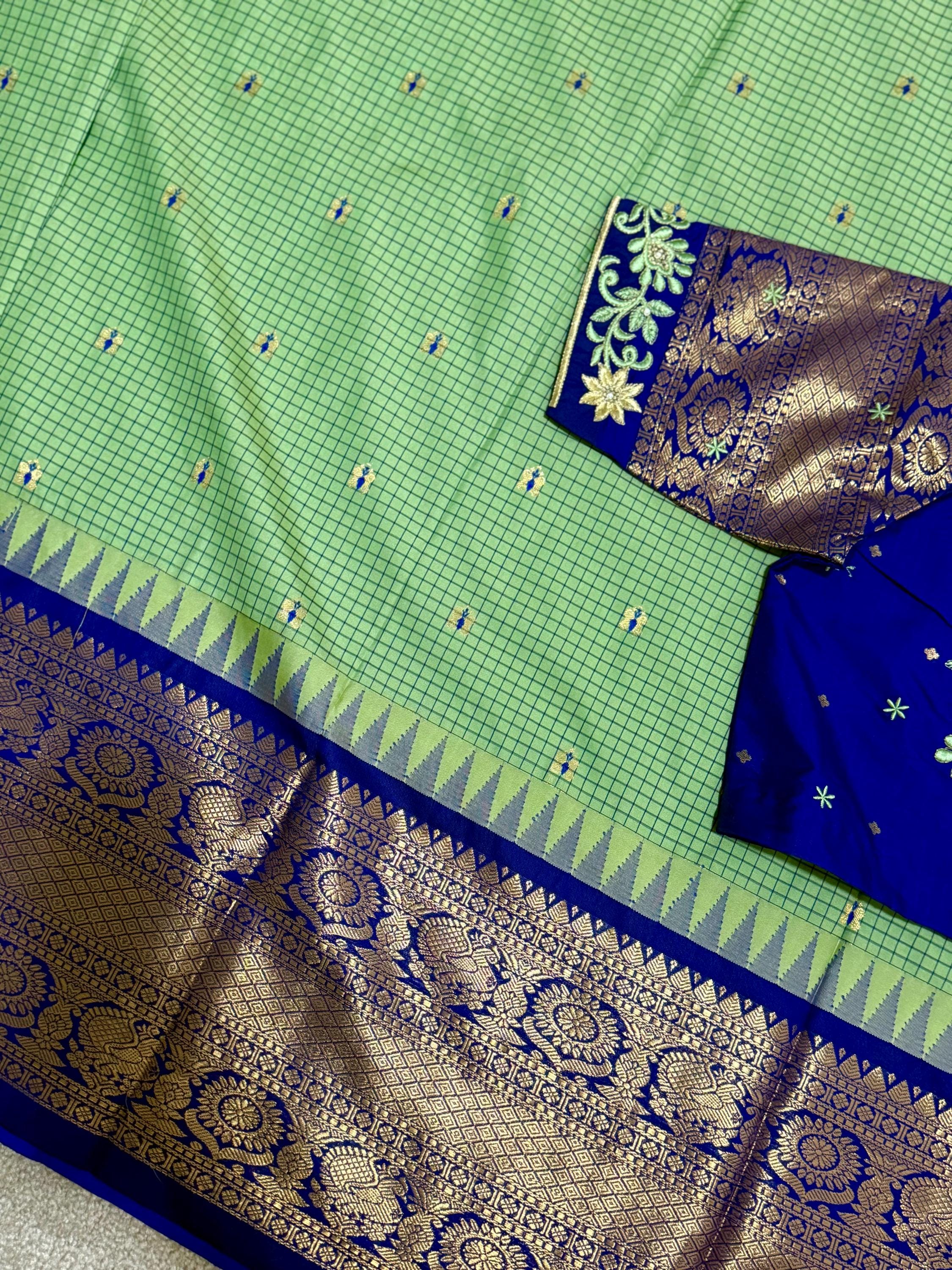 Gadwal Handloom pure silk sarees in rare colors and ready to wear blouse with embroidered blouse fits up to 32 -46 saree is ready fall pico