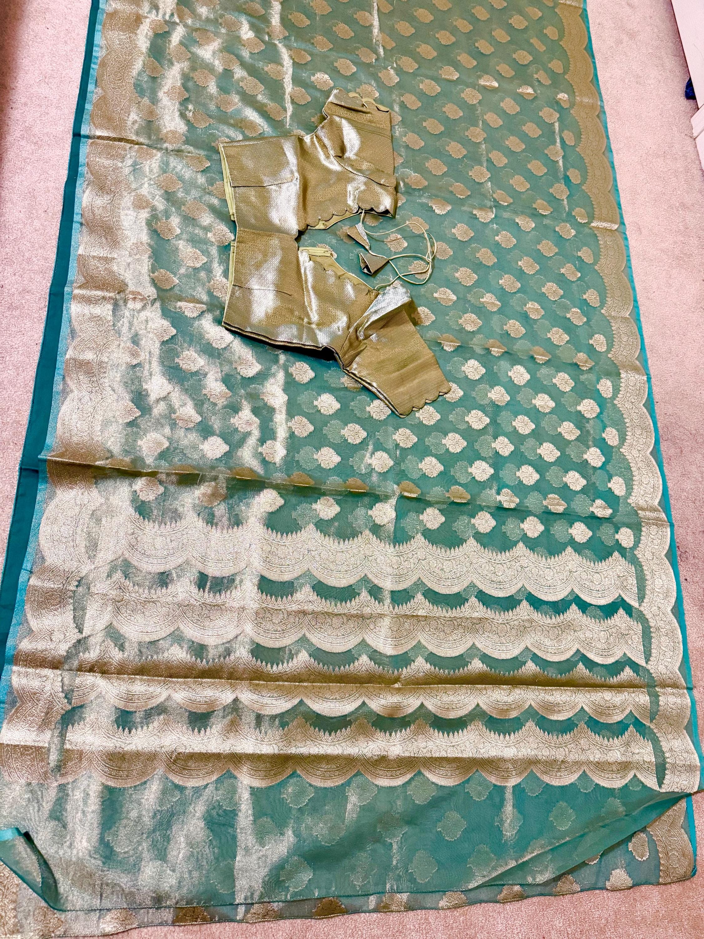 Beautiful party wear cocktail pure silk  banarasi  tissue  saree paired up with pretty designer Blouse fits 32-46