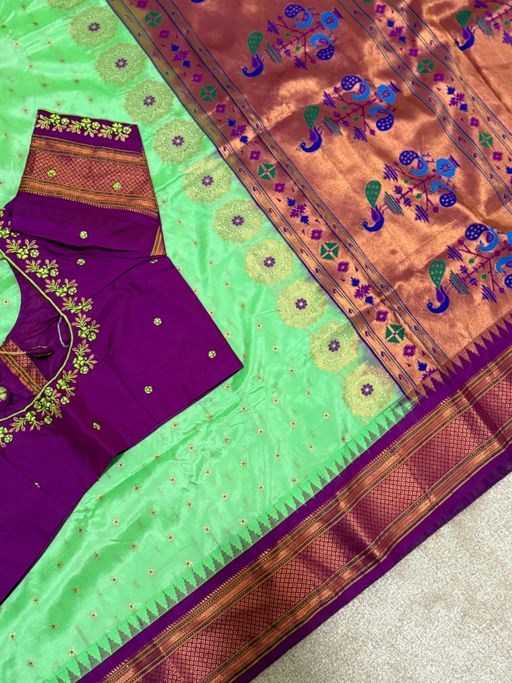Gadwal Handloom pure silk sarees in rare colors and ready to wear blouse with embroidered blouse fits up to 32 -46 saree is ready fall pico