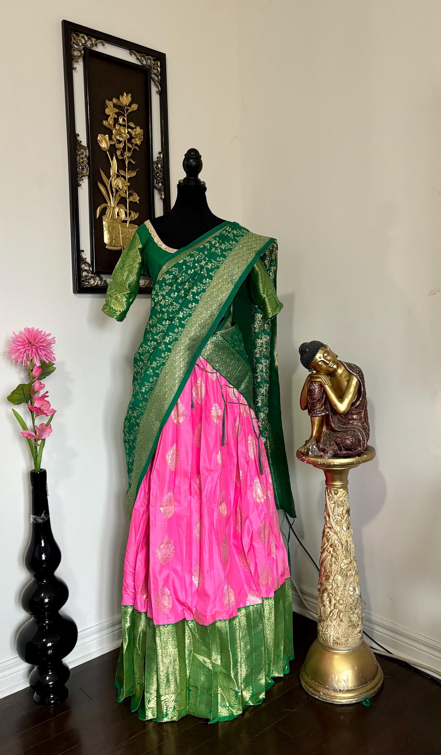 Beautiful colors Kanchi pattu Lihanga with beautiful Kanchi boarder is made of Handloom cloths ready with ready to wear blouse sizes 32 - 48
