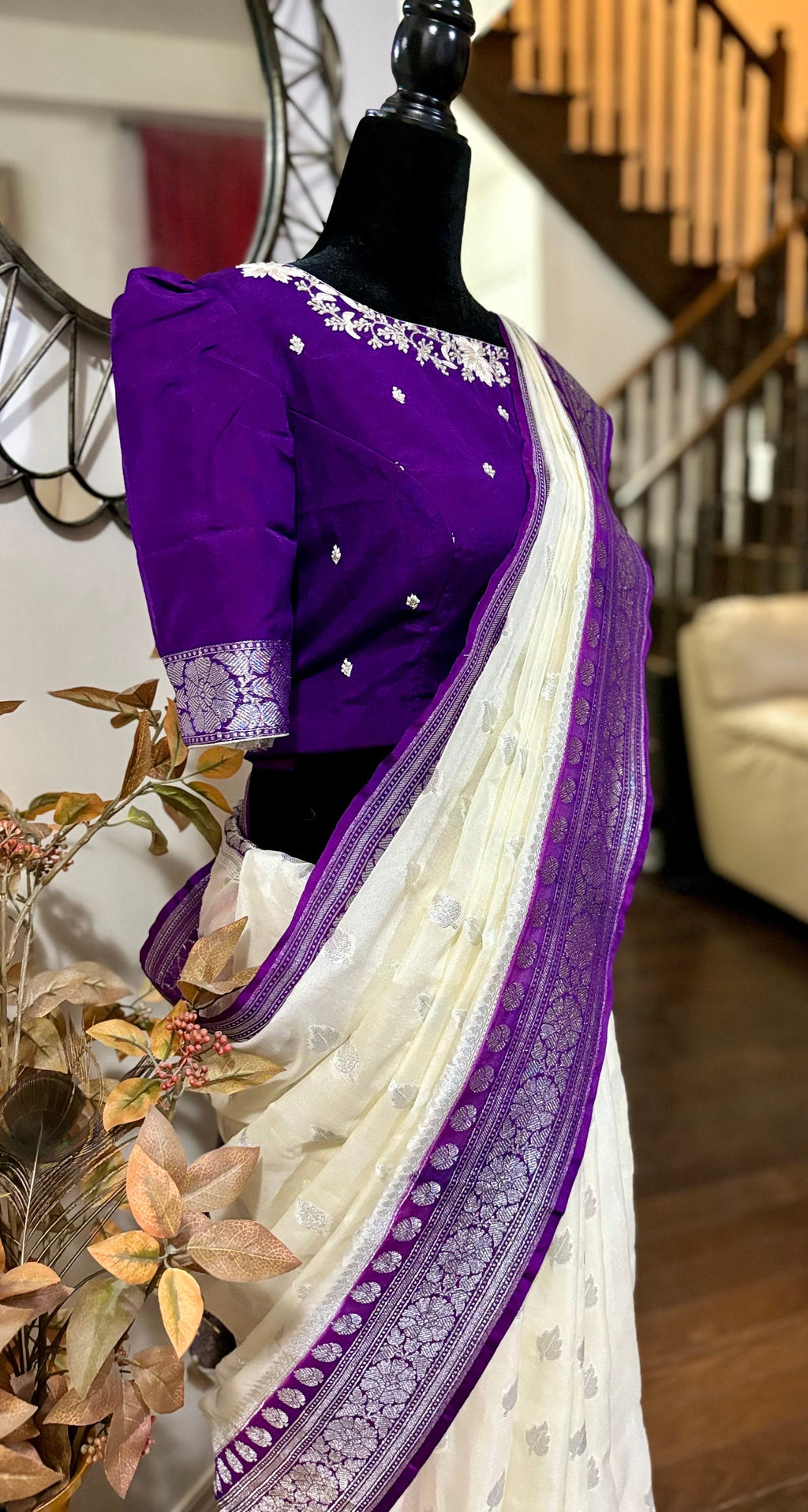 Beautiful banarasi kattan saree paired up with pretty maggam work blouse.
