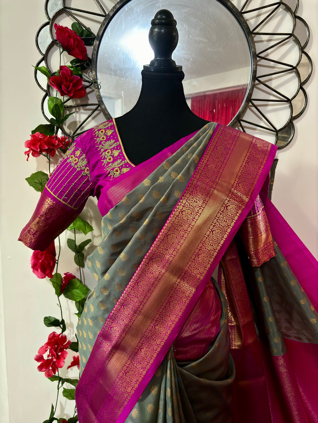 Kanchipuram soft silk saree in rarecolors with beautifully done hand  made embroidered blouse with readytowear work blouse fitsup to32 to 46