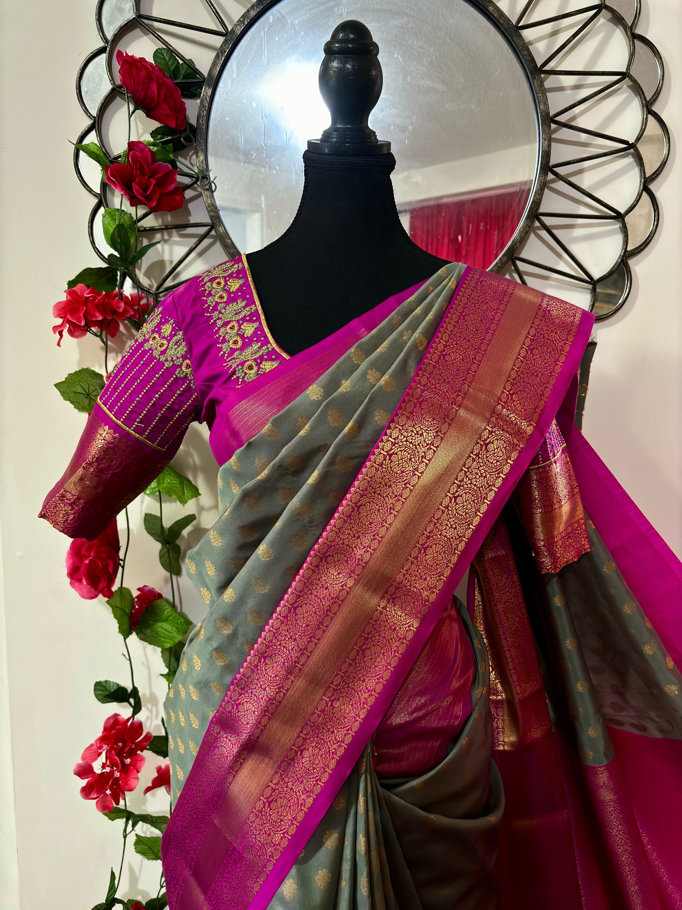 Kanchipuram soft silk saree in rarecolors with beautifully done hand  made embroidered blouse with readytowear work blouse fitsup to32 to 46