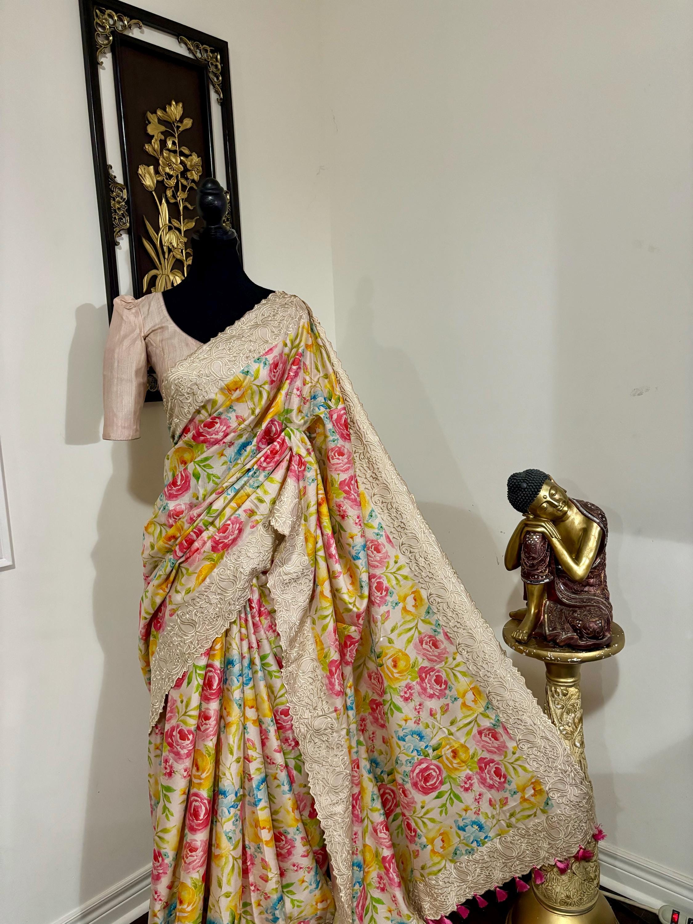 Light weight easy to drape Soft Silk fancy Saree; with beautiful pythani boarder, with Pochampalli design ready to wear Blouse fits 32-46
