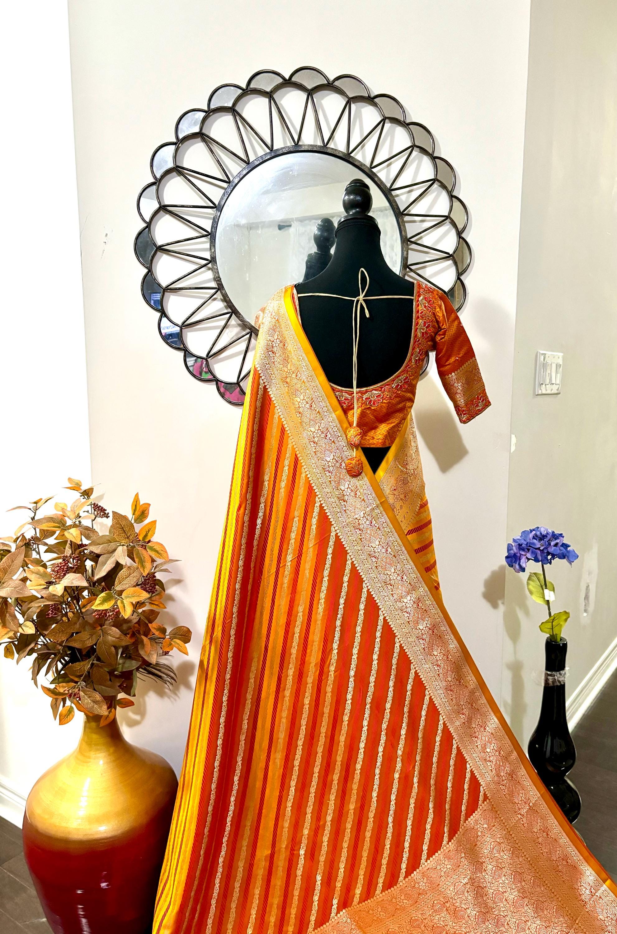Pure silk  banarasi silk saree paired up with beautiful embroidery blouse fits to 32 to 46 in beautiful rare colors all over jaal. Cocktails